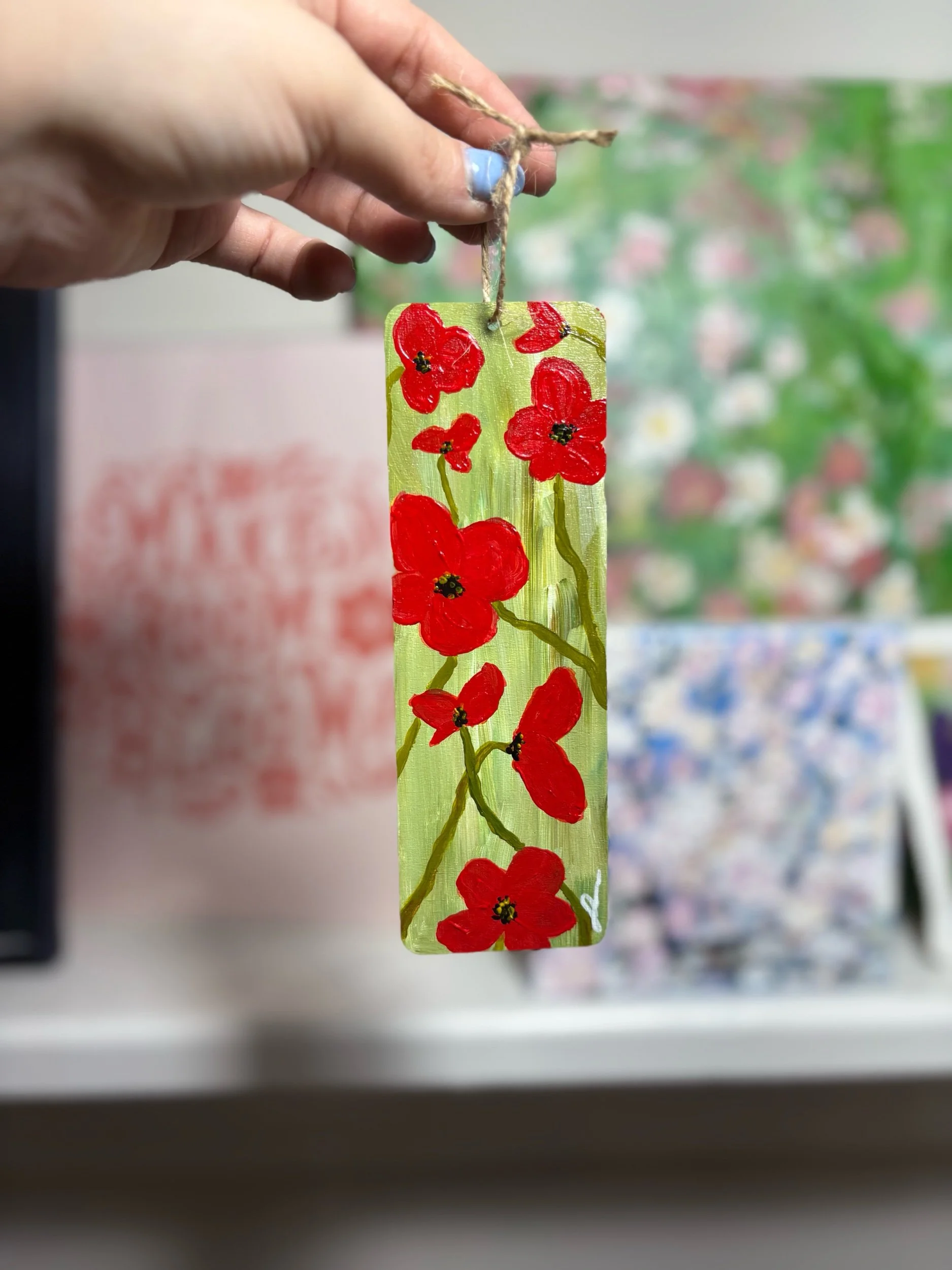 original hand painted wooden bookmark with bright red poppies by Maryland artist Sahar Boussard