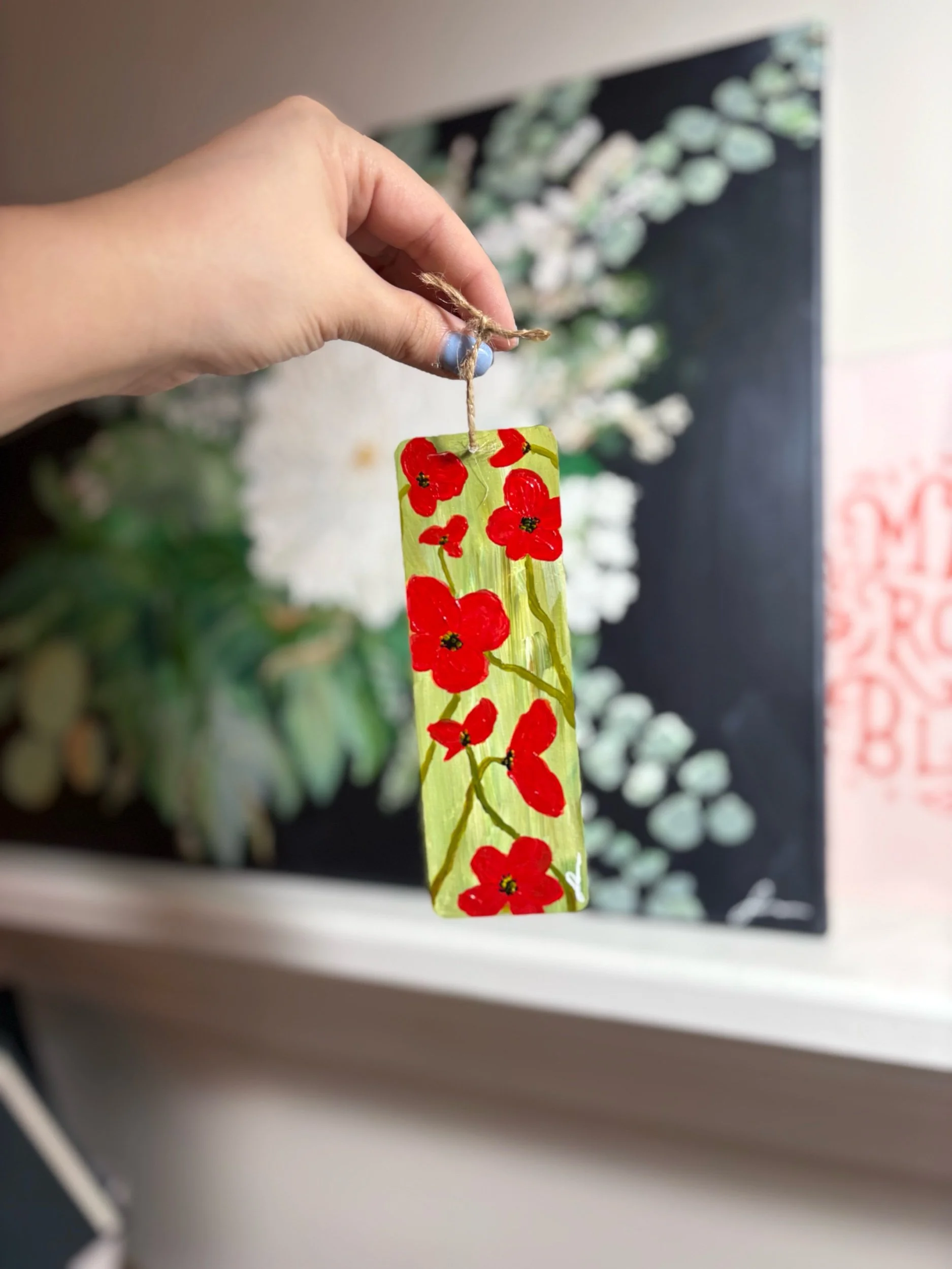 original hand painted wooden bookmark with bright red poppies by Maryland artist Sahar Boussard