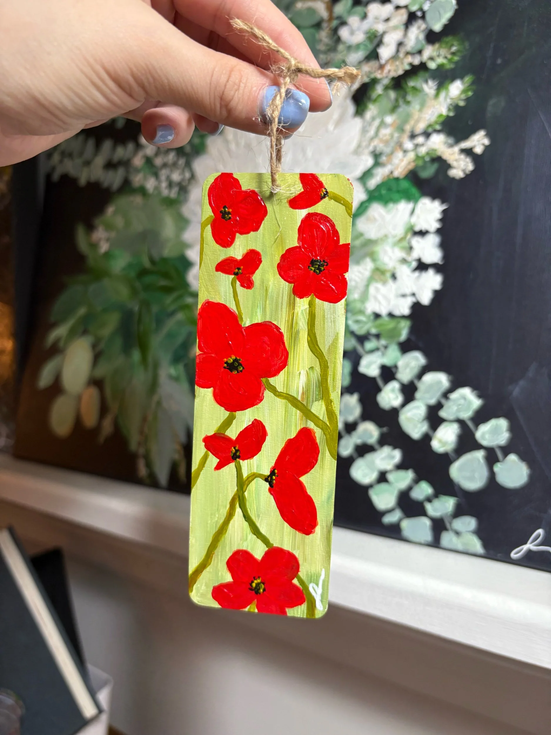 original hand painted wooden bookmark with bright red poppies by Maryland artist Sahar Boussard