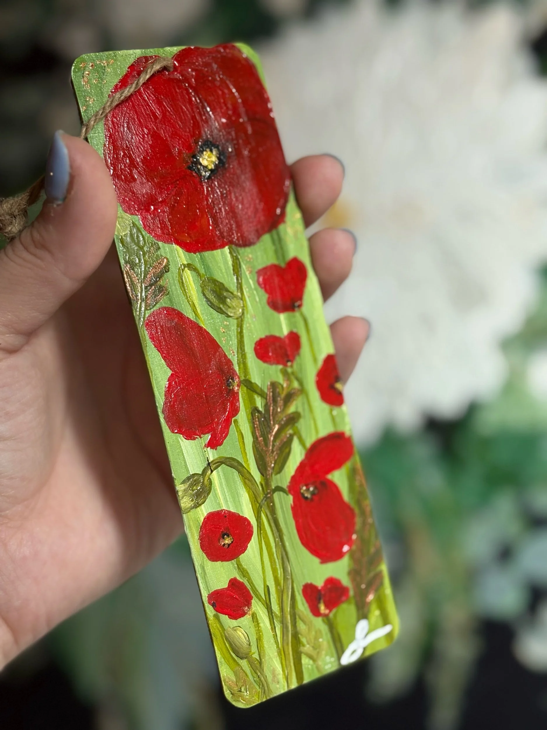 hand painted poppies with gold detail wooden bookmark original art