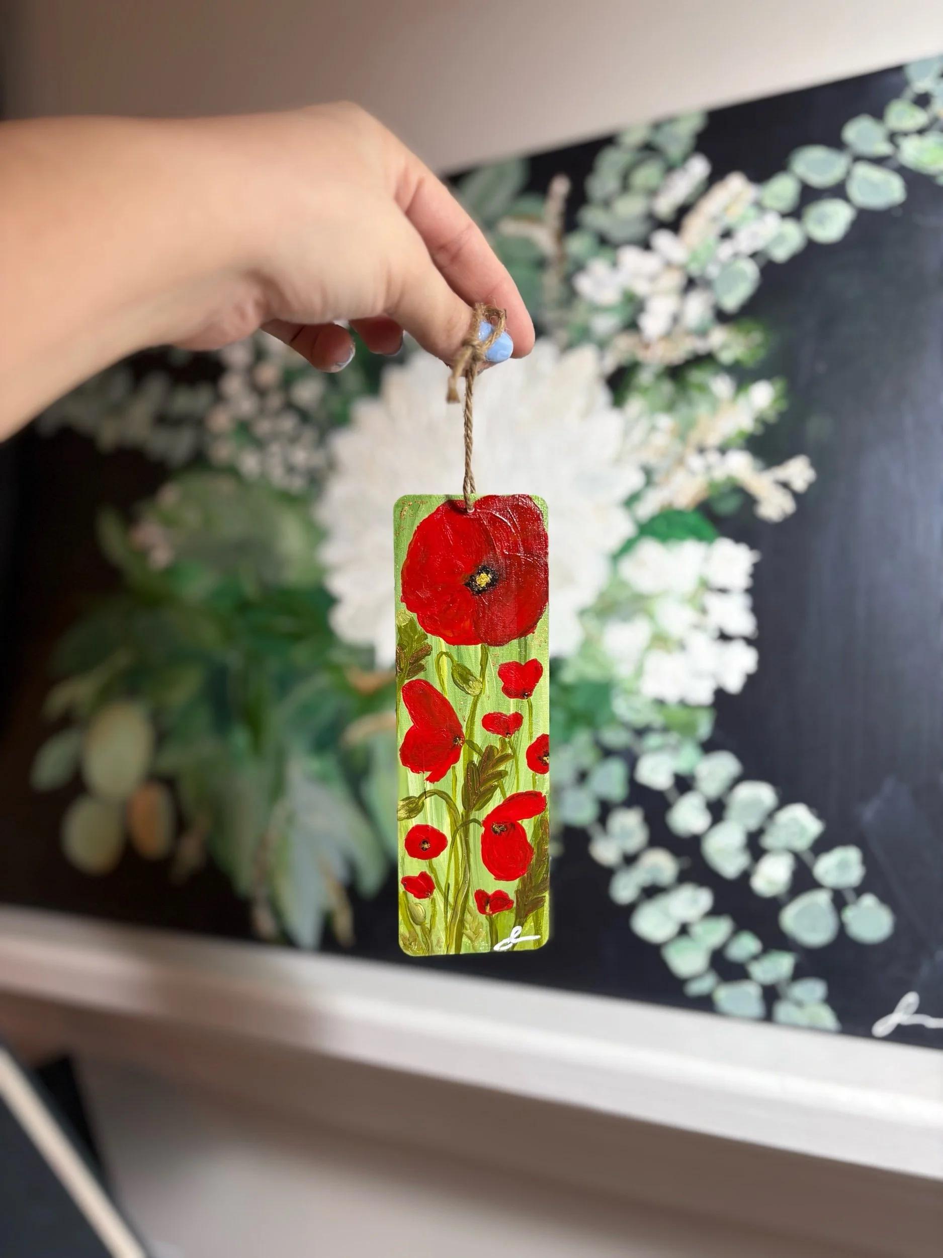 hand painted wooden bookmark original art poppies