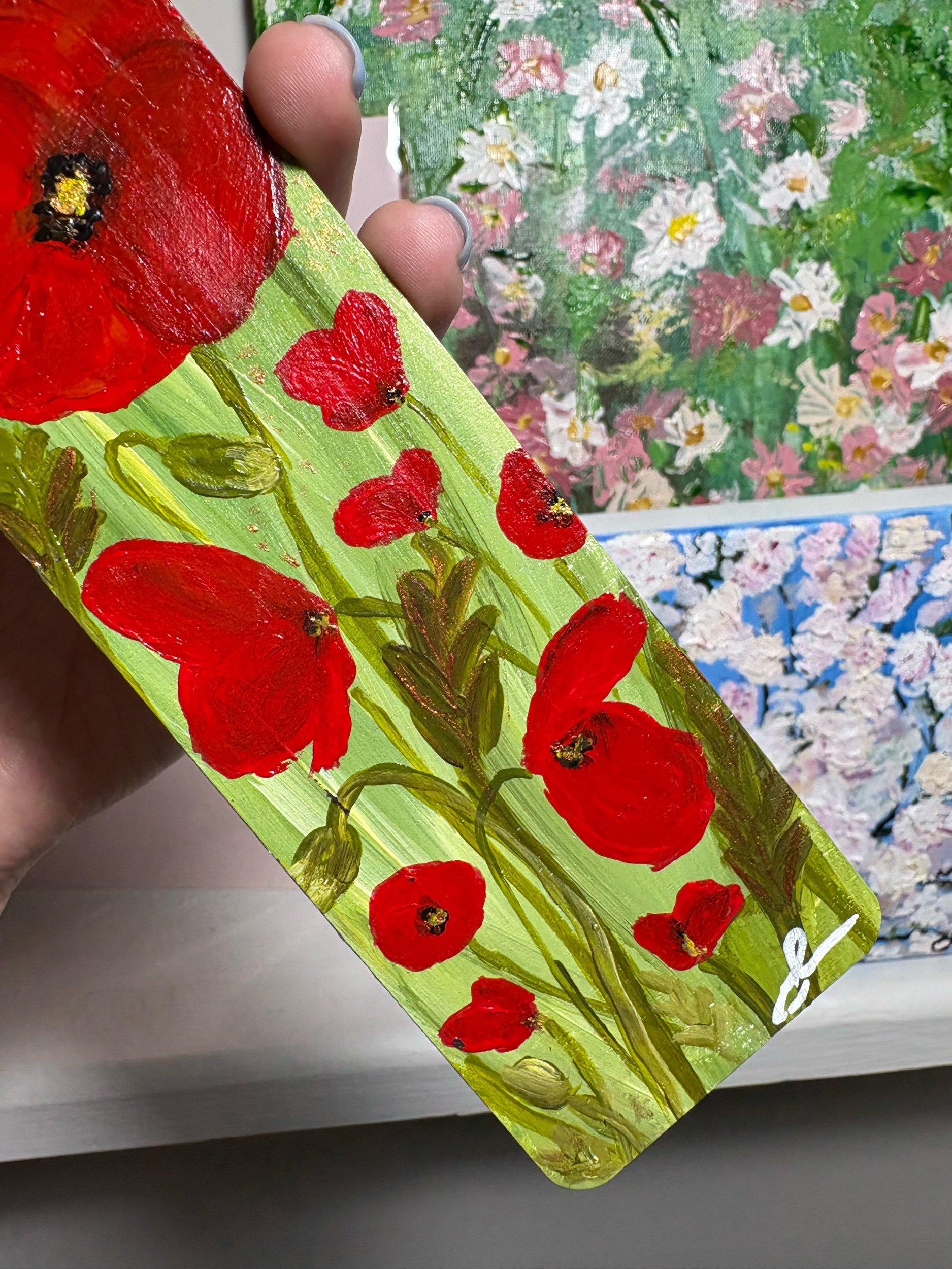 hand painted wooden bookmark original art poppies with gold detail