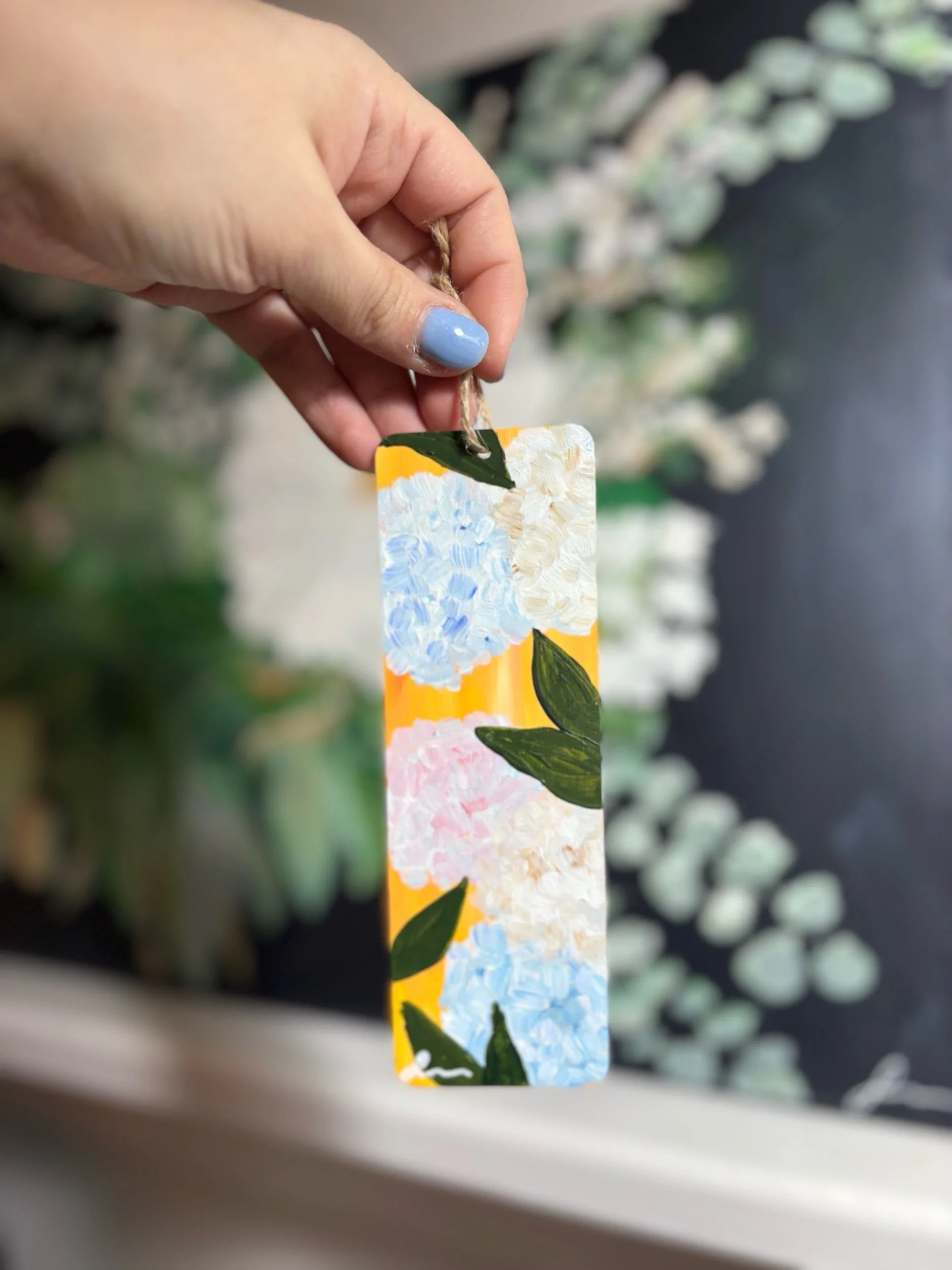 original hand painted wooden bookmark with hydrangeas by Maryland artist Sahar Boussard