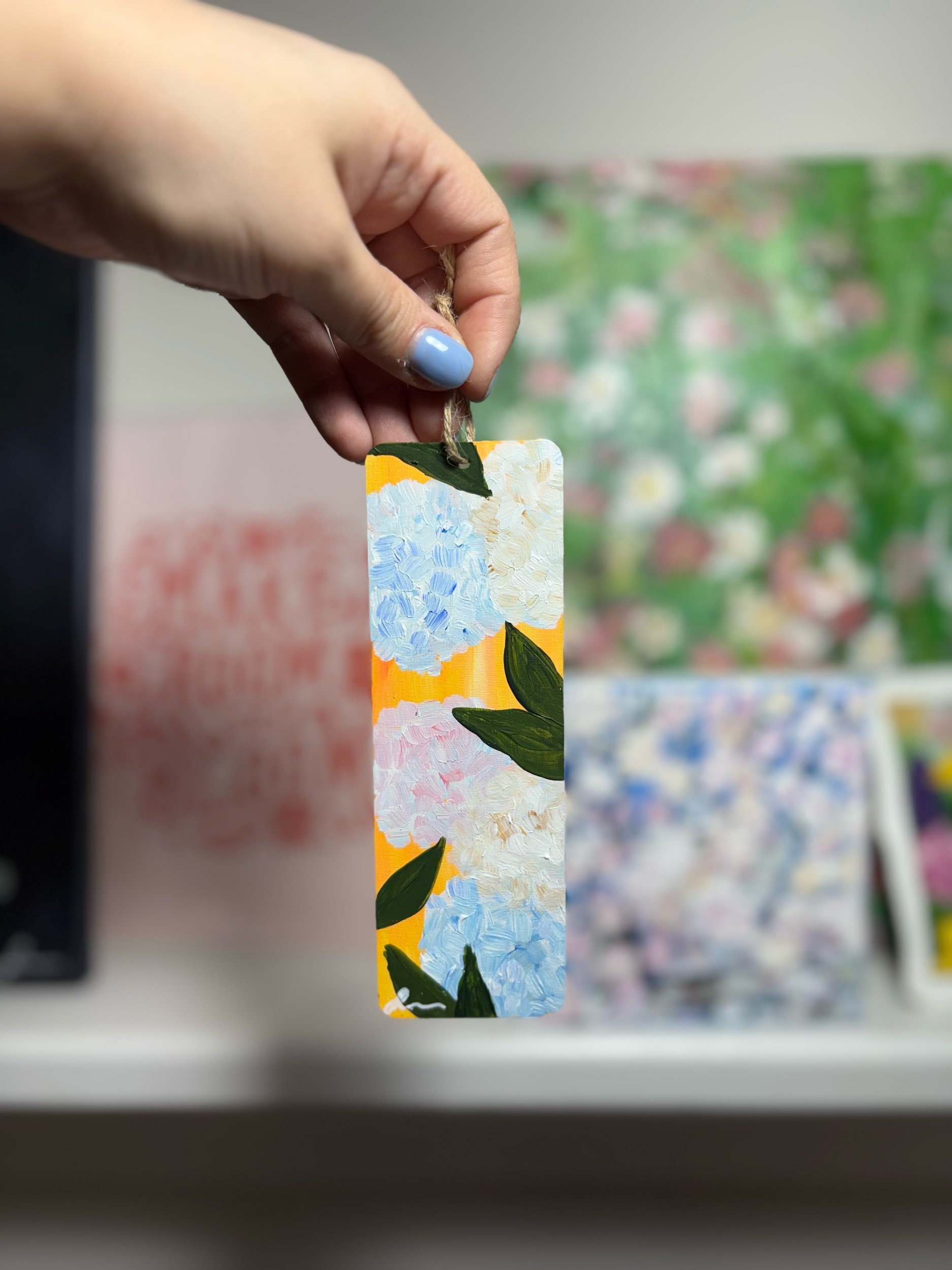 original hand painted wooden bookmark with hydrangeas by Maryland artist Sahar Boussard