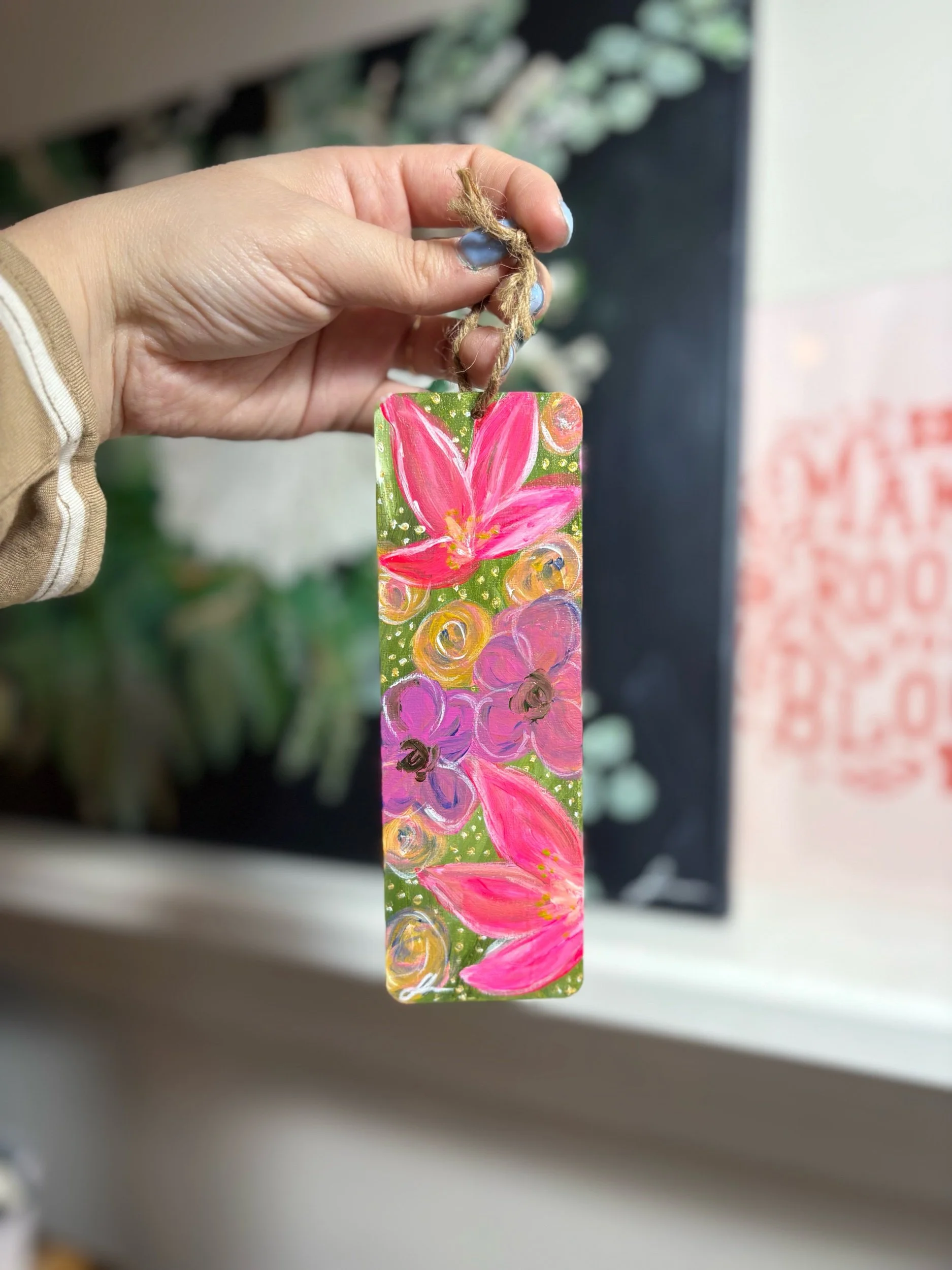 tropical pink original hand painted wooden bookmark by Maryland artist Sahar Boussard