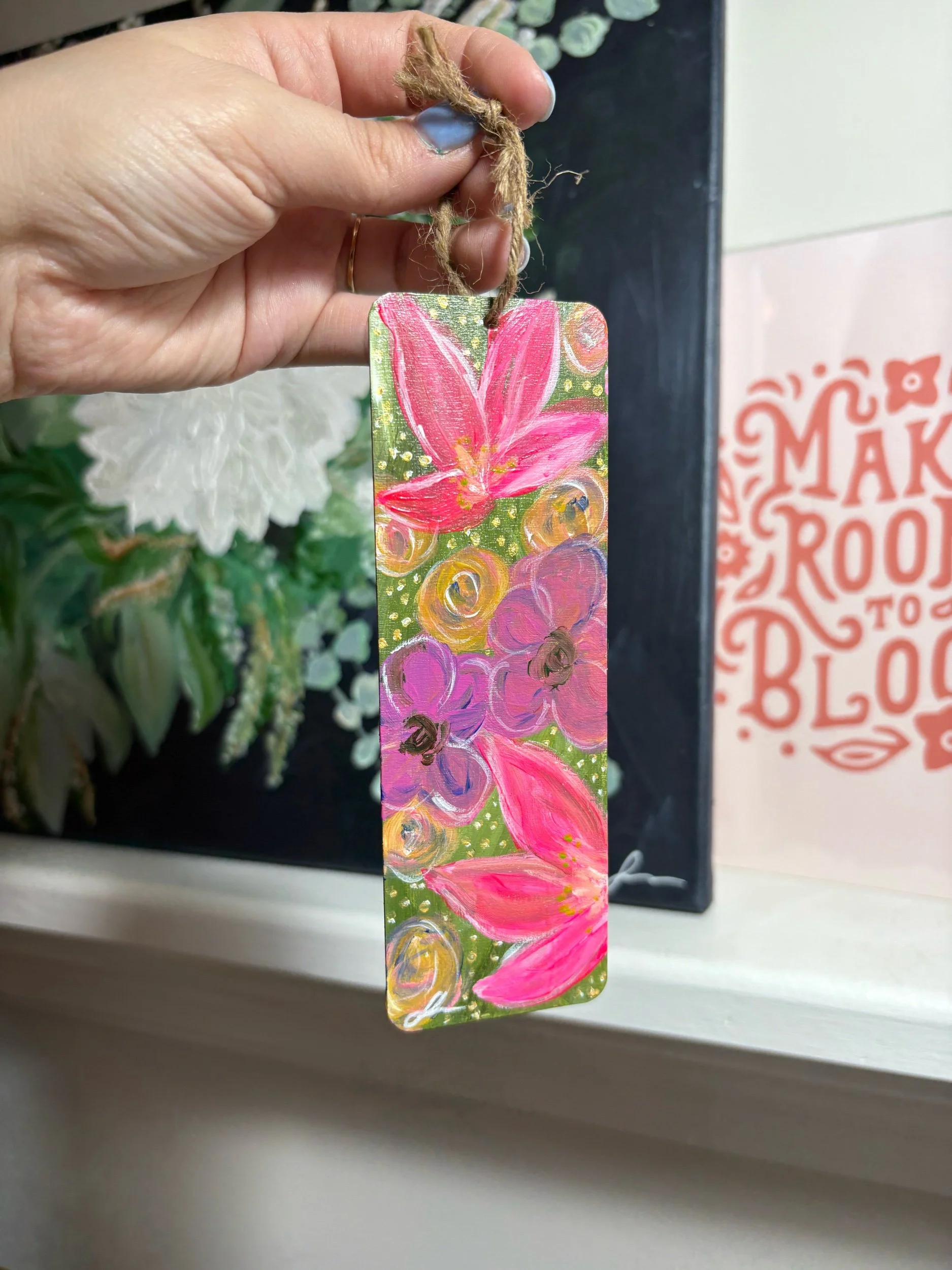 tropical pink original hand painted wooden bookmark by Maryland artist Sahar Boussard