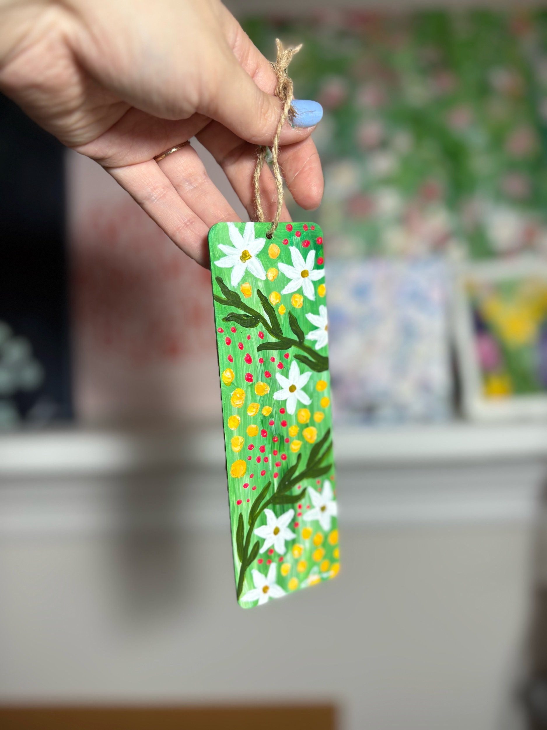 original hand painted wooden bookmark with green abstract wildflowers by Maryland artist Sahar Boussard