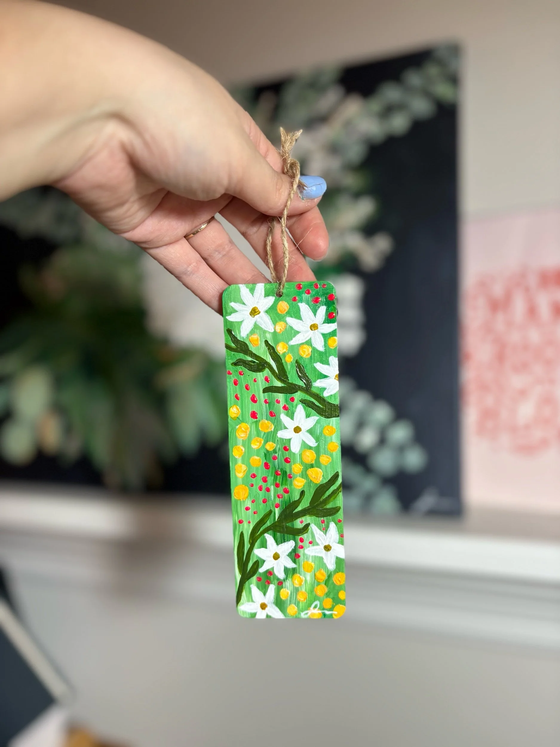 original hand painted wooden bookmark with green abstract wildflowers by Maryland artist Sahar Boussard