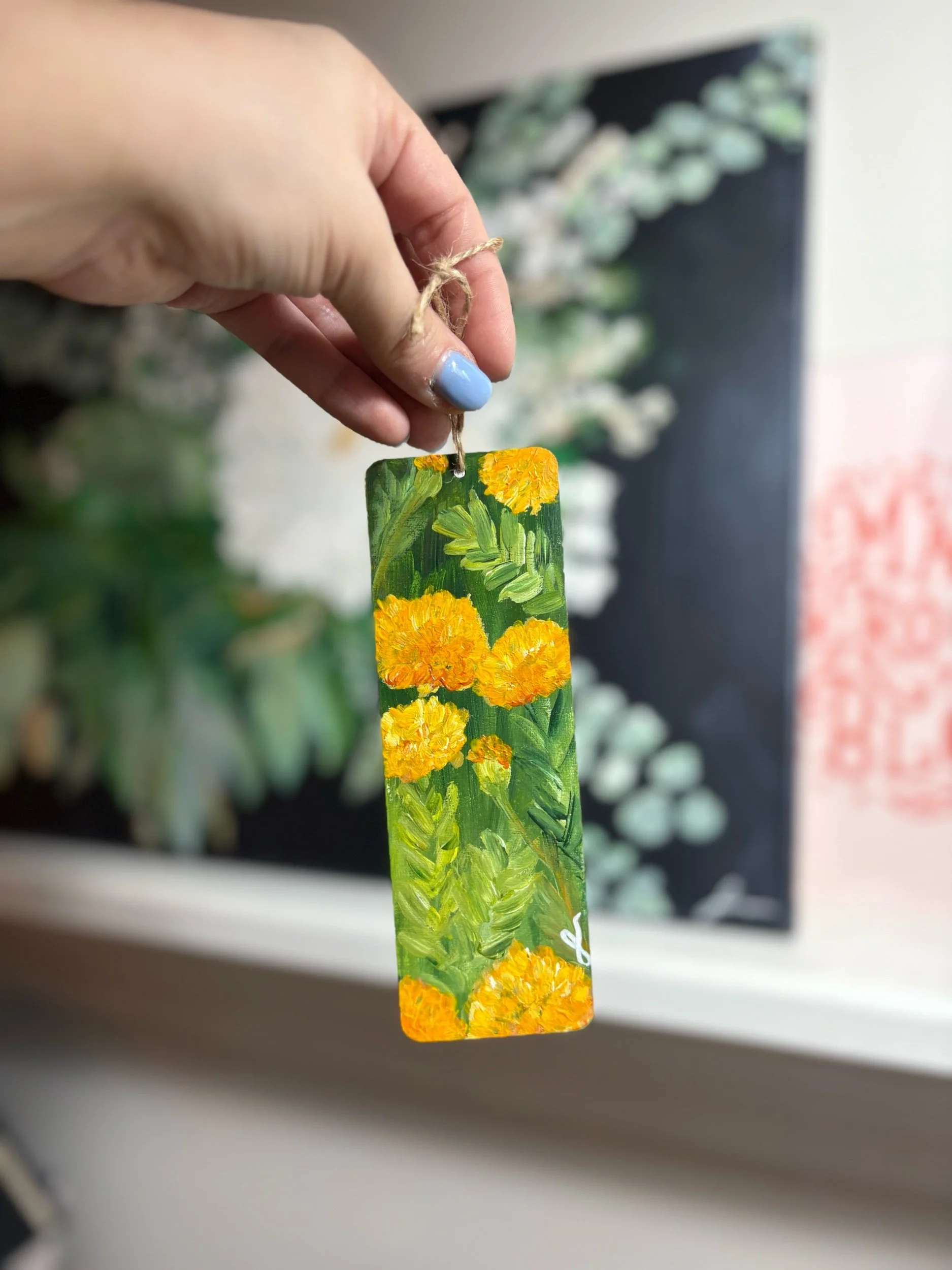 hand painted wooden bookmark  of marigolds original art