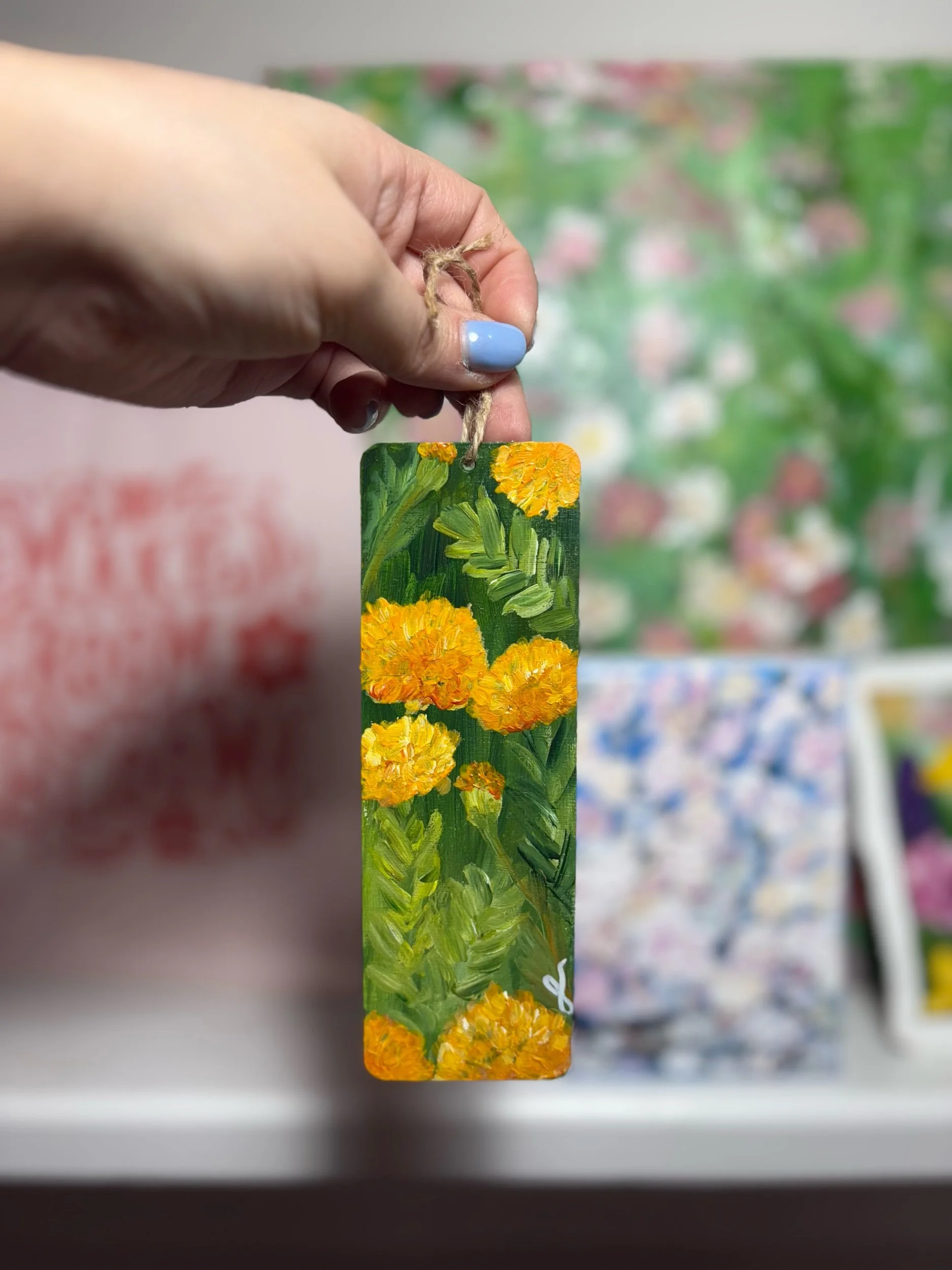 hand painted wooden bookmark  of marigolds original art