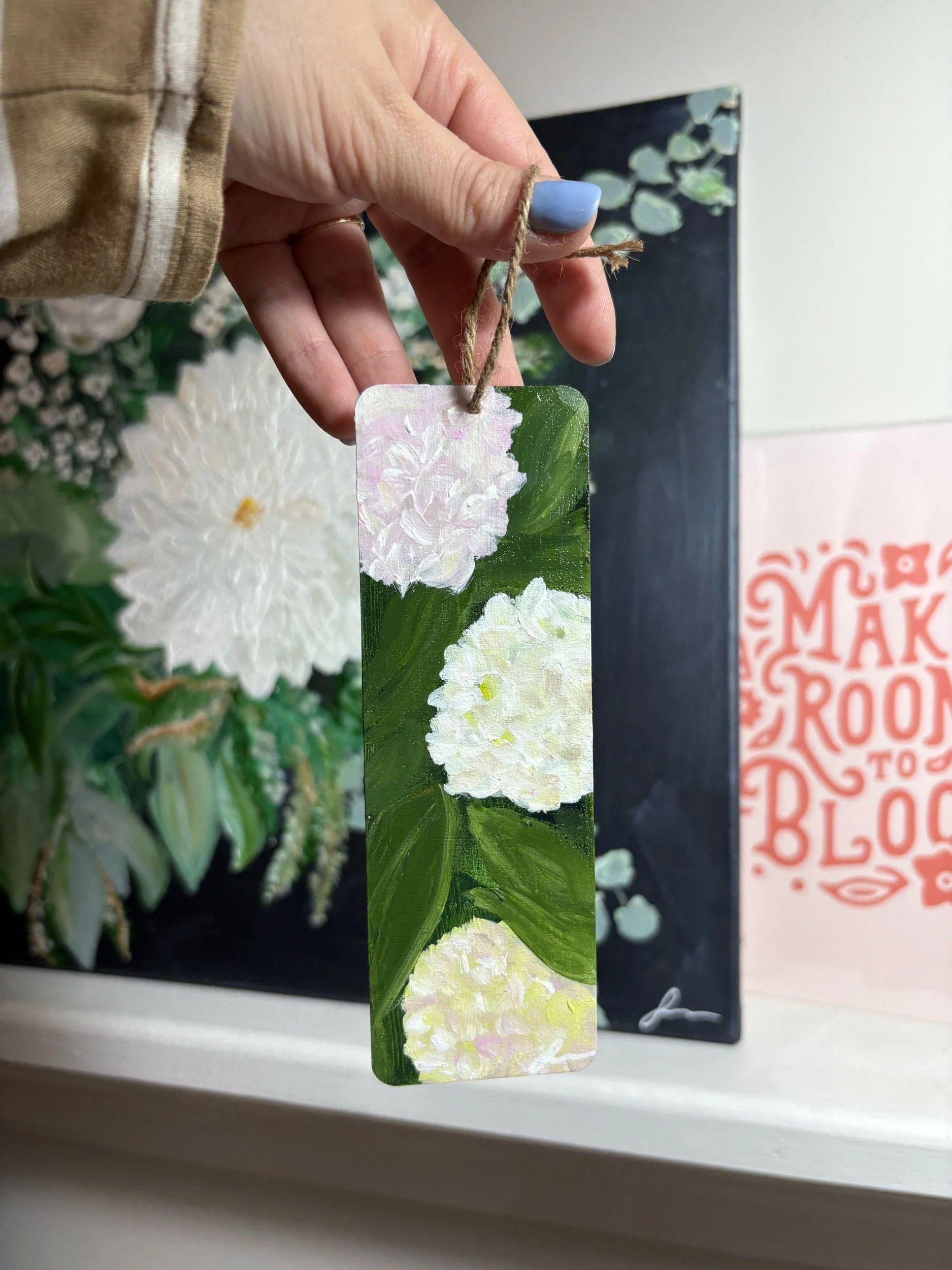 hand painted hydrangeas wooden bookmark original art
