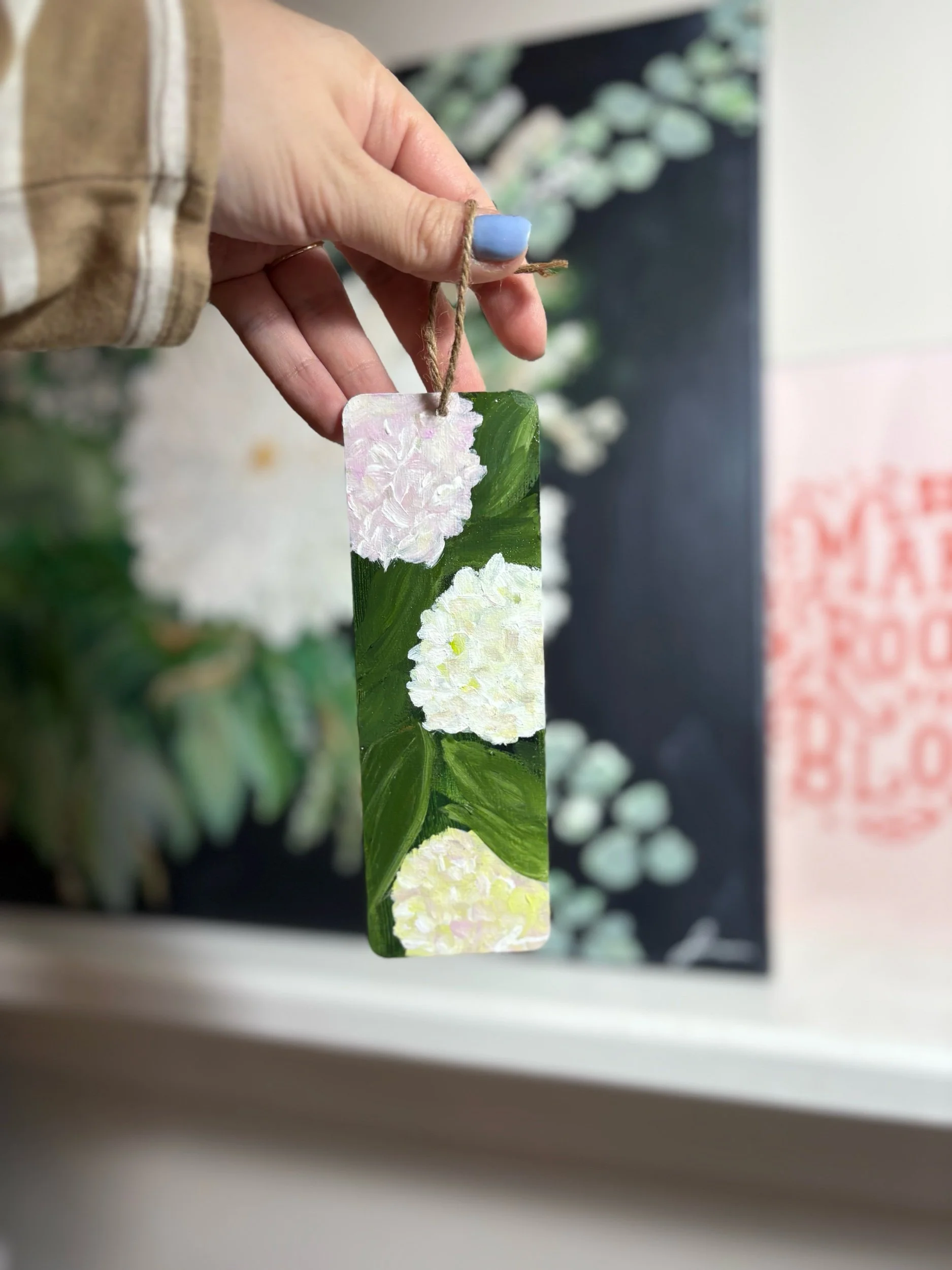 hand painted hydrangeas wooden bookmark original art