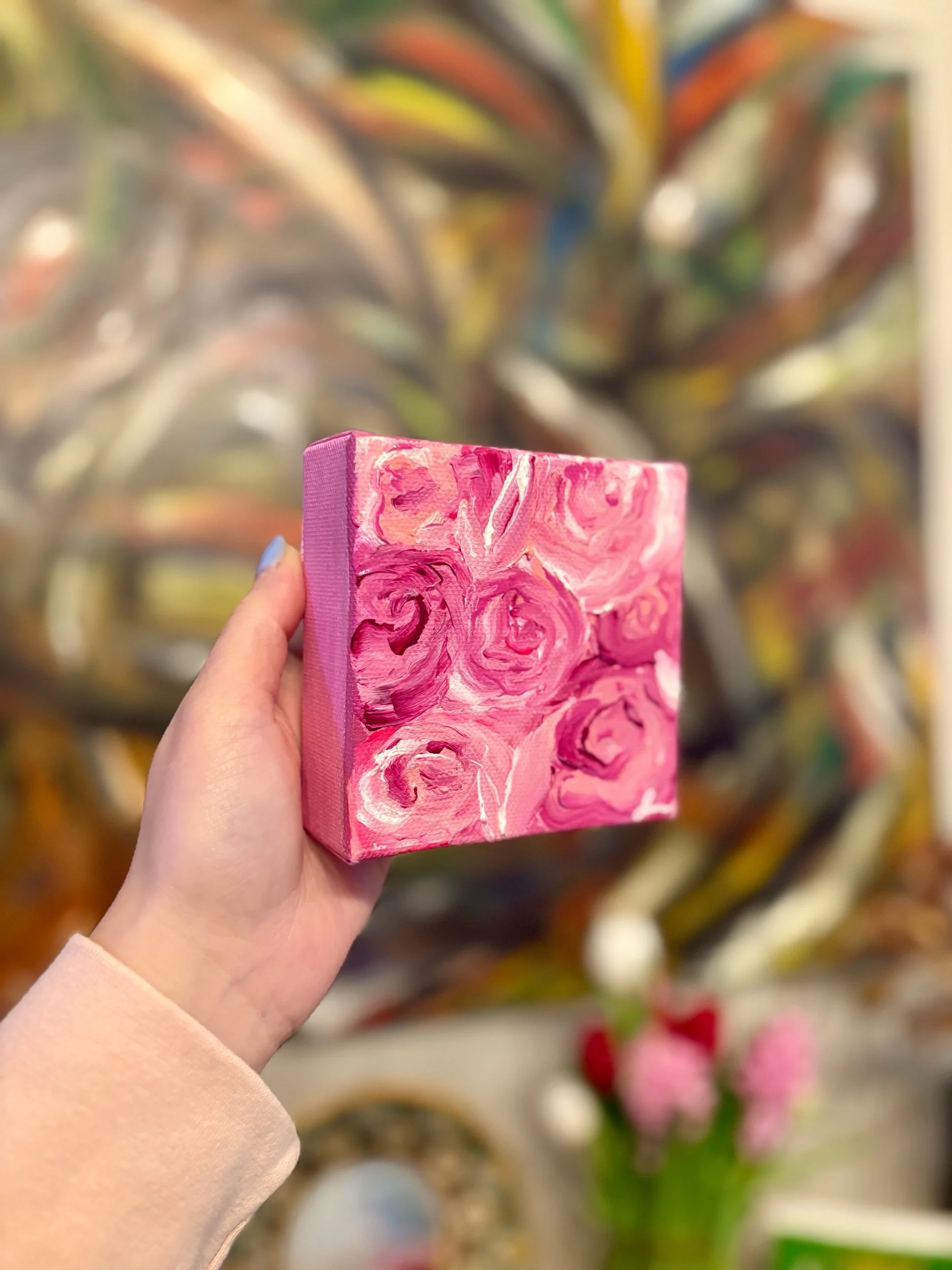 Mini Pink Rose (4x4) original abstract acrylic painting on canvas by Maryland artist Sahar Boussard