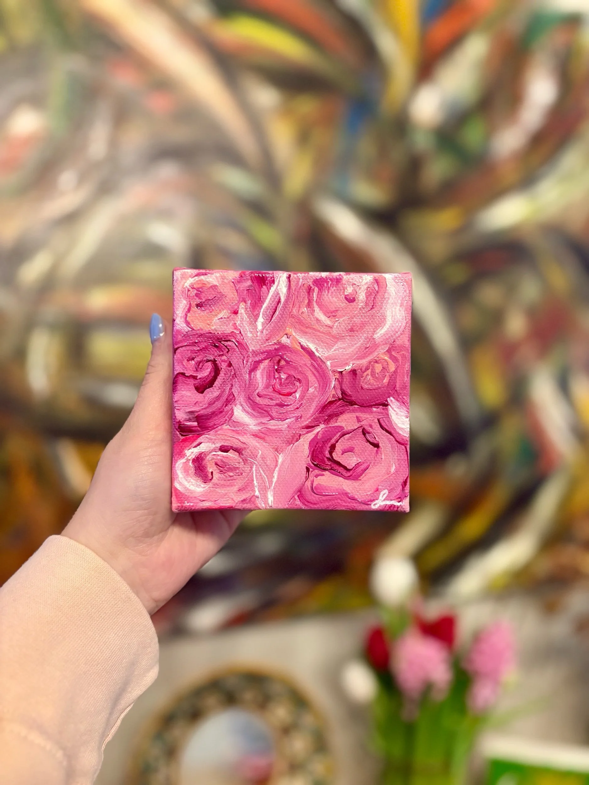 Mini Pink Rose (4x4) original abstract acrylic painting on canvas by Maryland artist Sahar Boussard