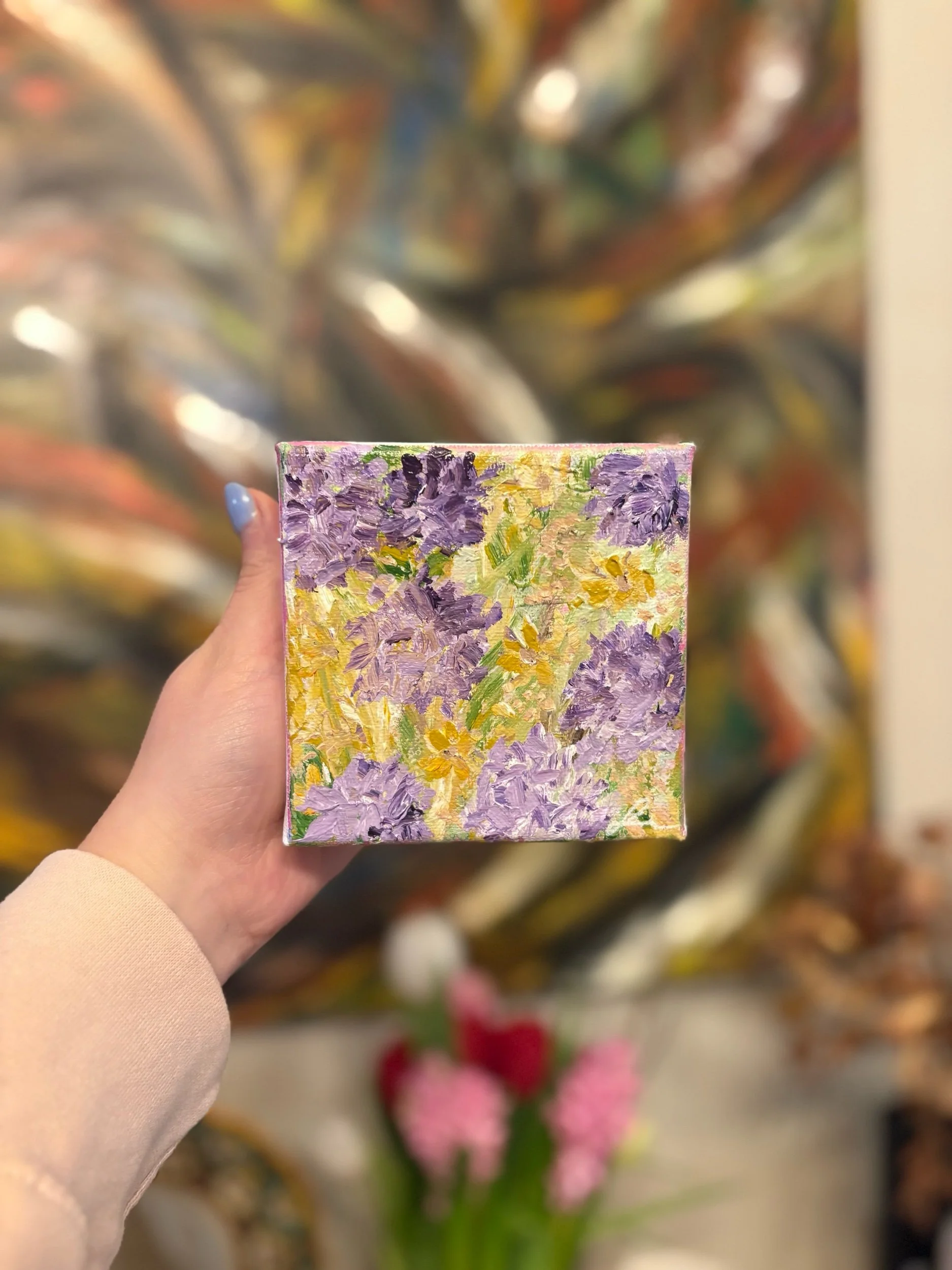 4x4 original abstract hydrangea acrylic painting on canvas by Maryland artist Sahar Boussard