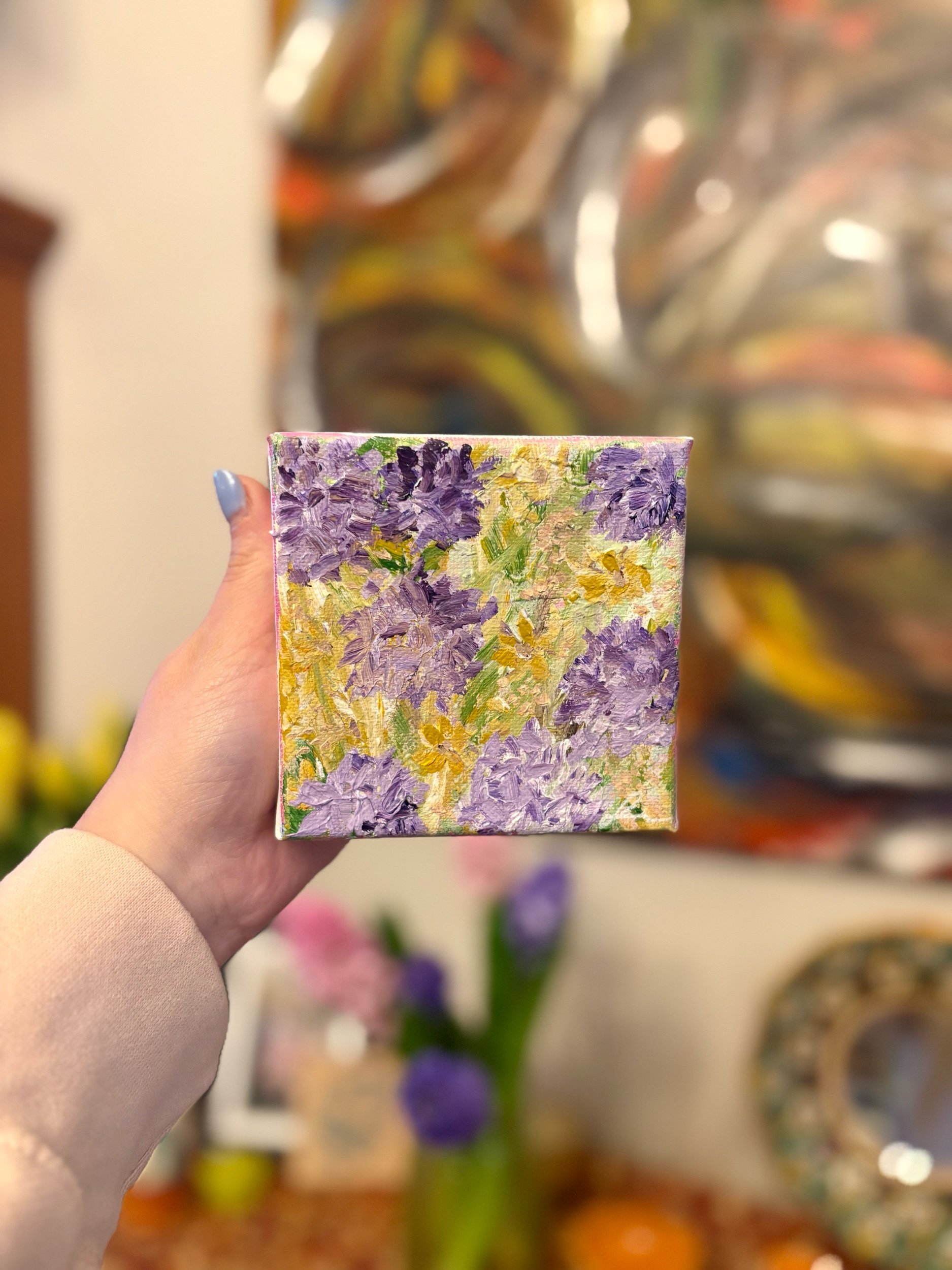 4x4 original abstract hydrangea acrylic painting on canvas by Maryland artist Sahar Boussard