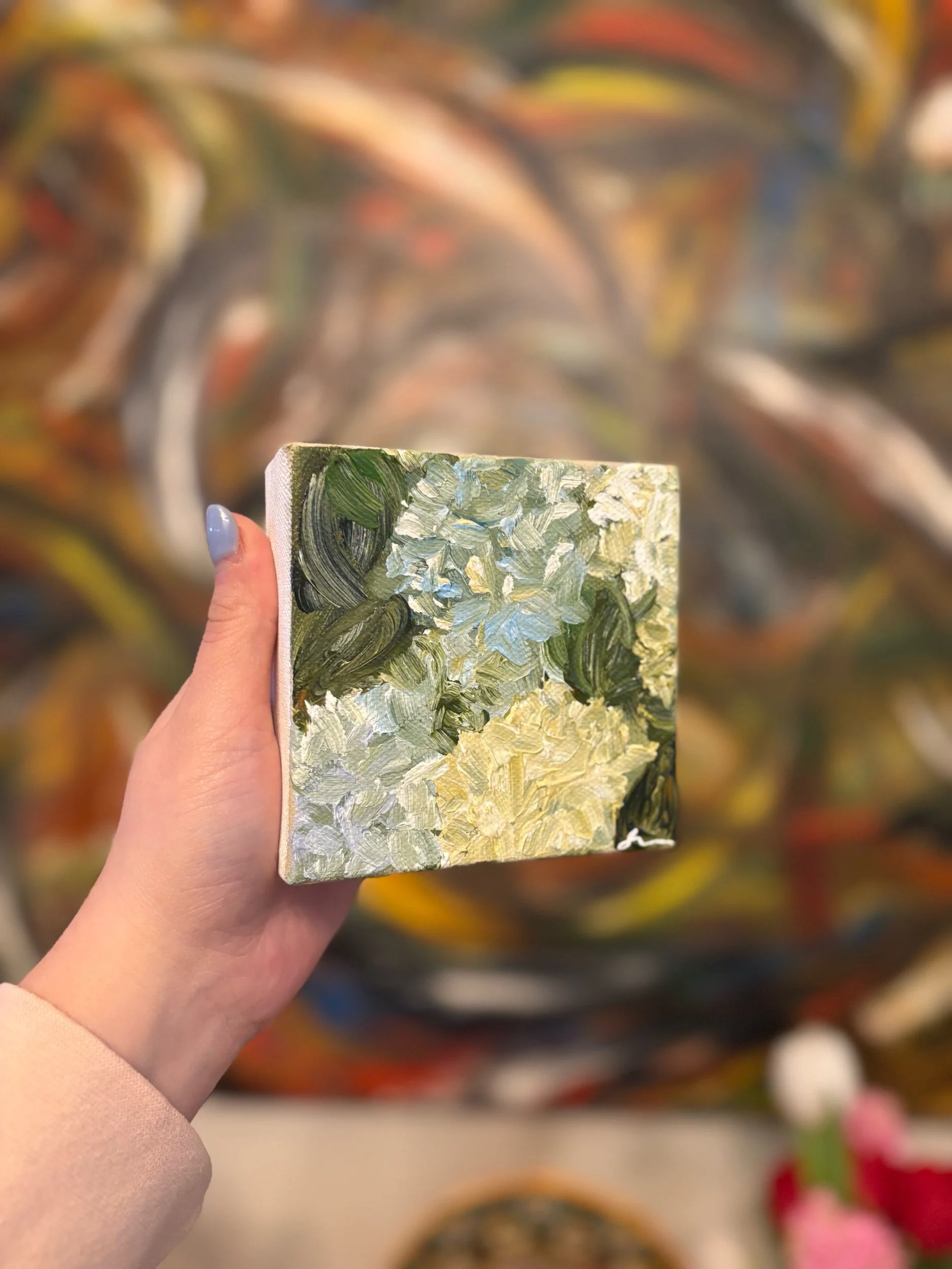 Mini Hydrangeas #1 original abstract acrylic painting on canvas by Maryland artist Sahar Boussard