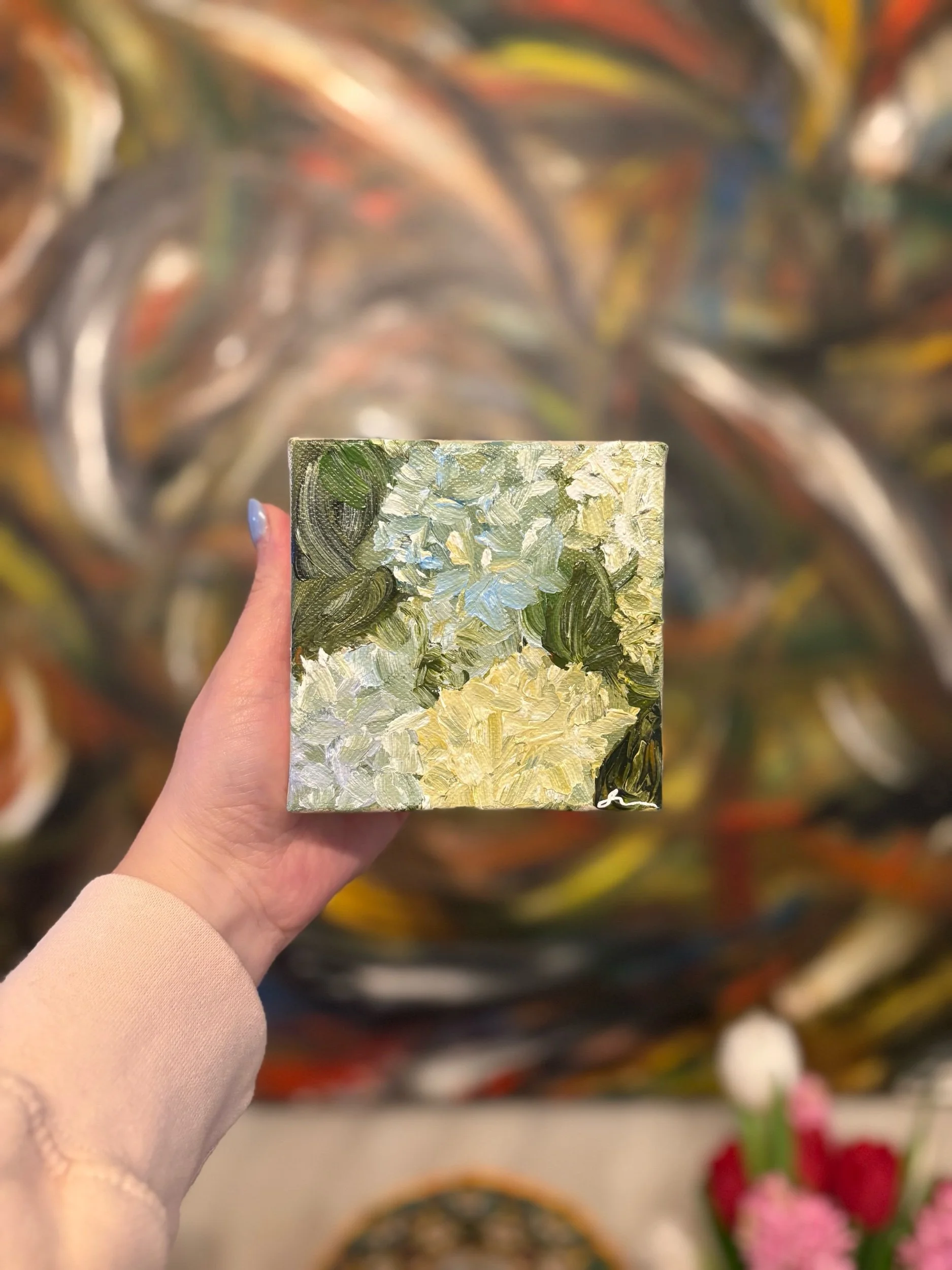 Mini Hydrangeas #1 original abstract acrylic painting on canvas by Maryland artist Sahar Boussard