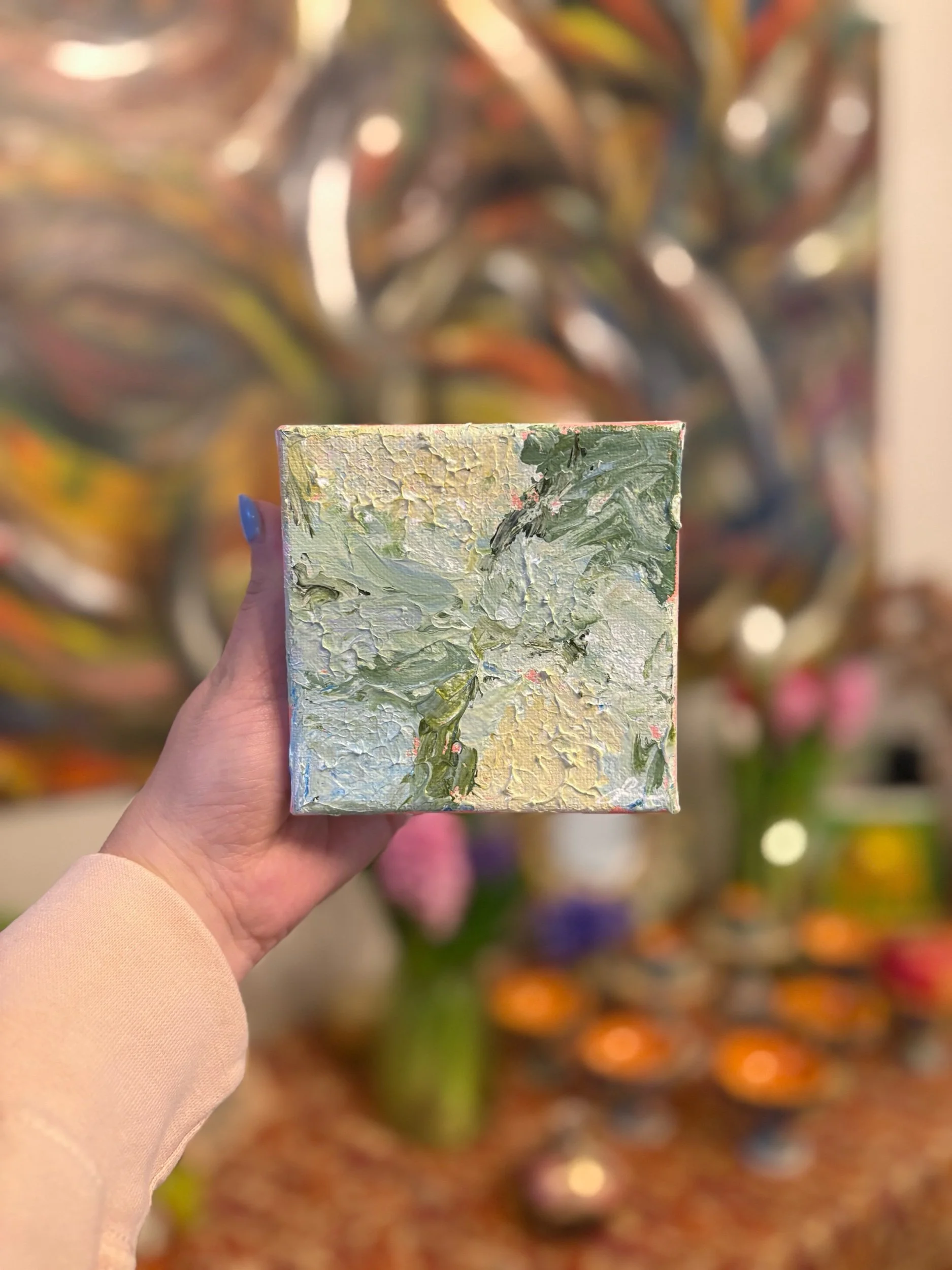 Mini 4x4 hydrangea original abstract acrylic painting on canvas by Maryland artist Sahar Boussard