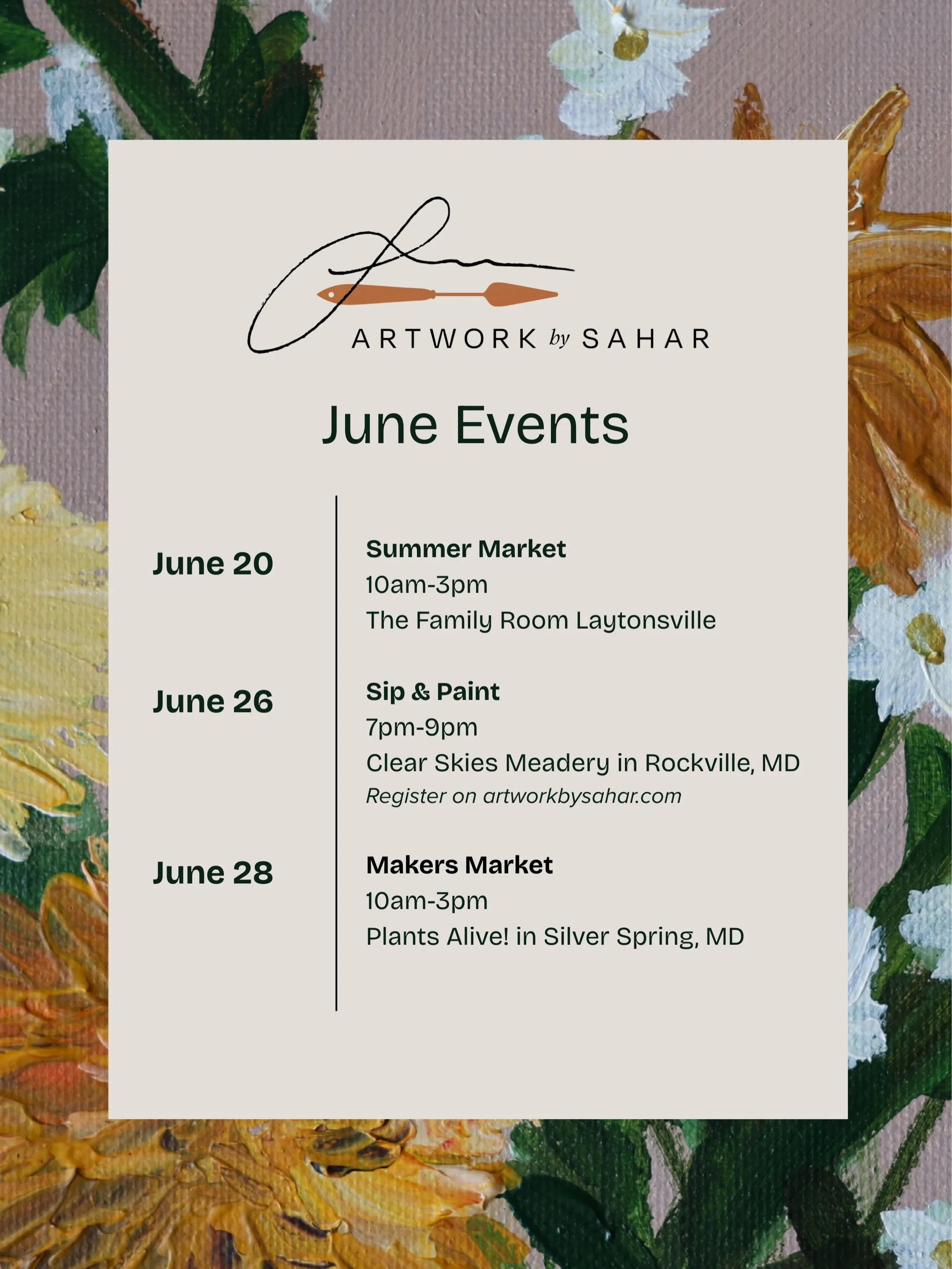 ☀️Summer Lineup!! ☀️ shop in person, create together &mdash; Come see me and enjoy the summer activities at these family-friendly markets. Want a fun &amp; unique adult night out? Join my next sip &amp; paint class on June 26! 🎨 Check my stories for