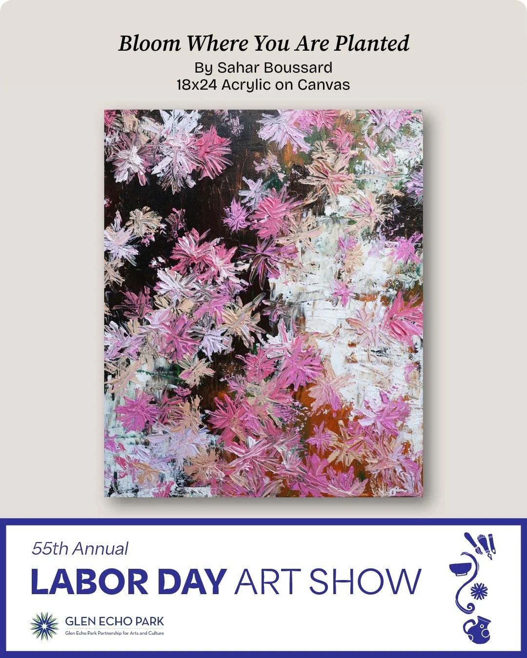 I am truly, truly honored and grateful to announce that my work, Bloom Where You Are Planted, will be exhibited in the 55th Annual Labor Day Art Show @glenechopark The show will be free and open to the public from Saturday Sept 5 through Monday Sept 