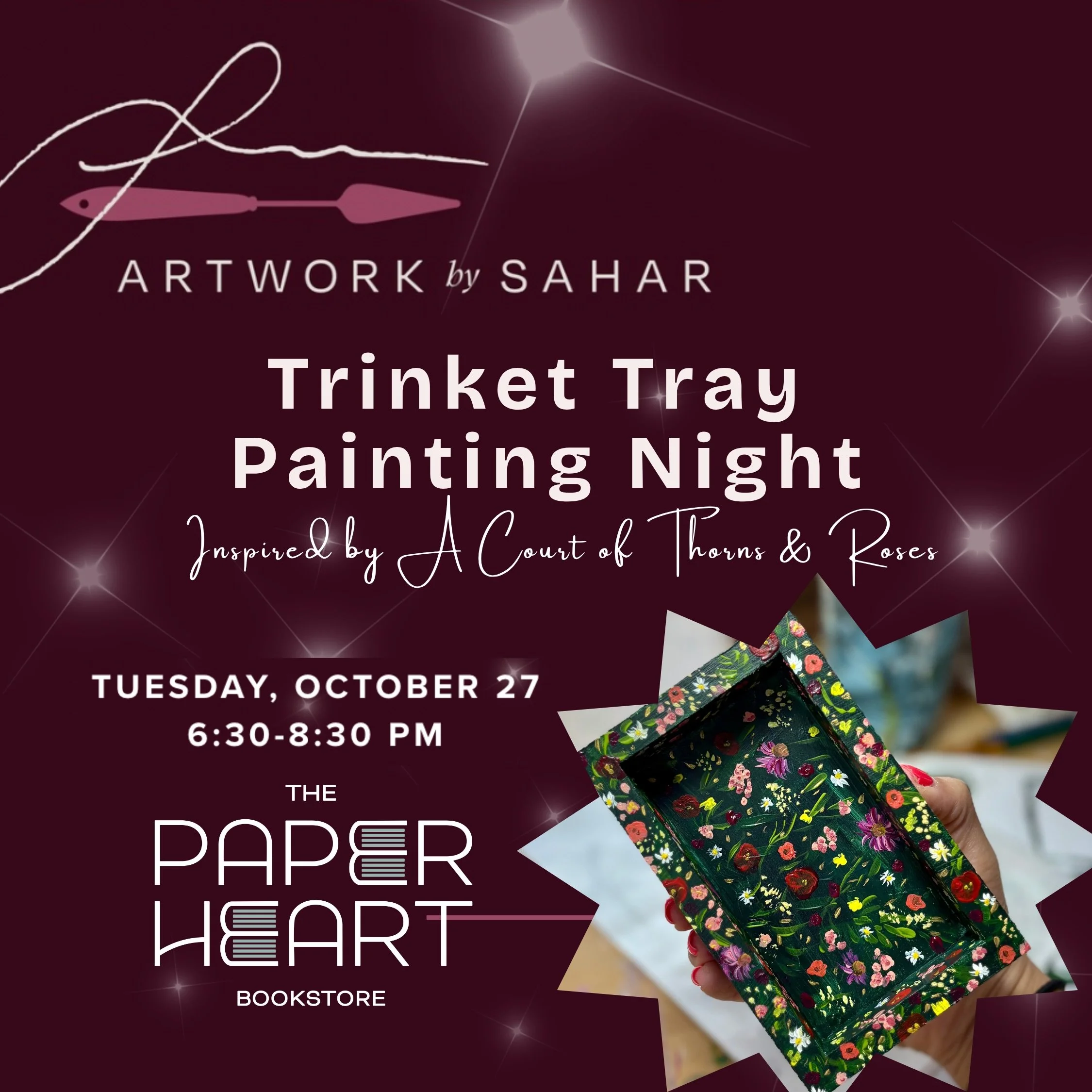 Calling all ACOTAR fans! ✨ Join me for a cozy, creative evening at The Paper Heart Bookstore where we&rsquo;ll paint our very own 5&rdquo; x 3&rdquo; wooden trinket trays inspired by the world of A Court of Thorns and Roses. Only 9 spots left &mdash;