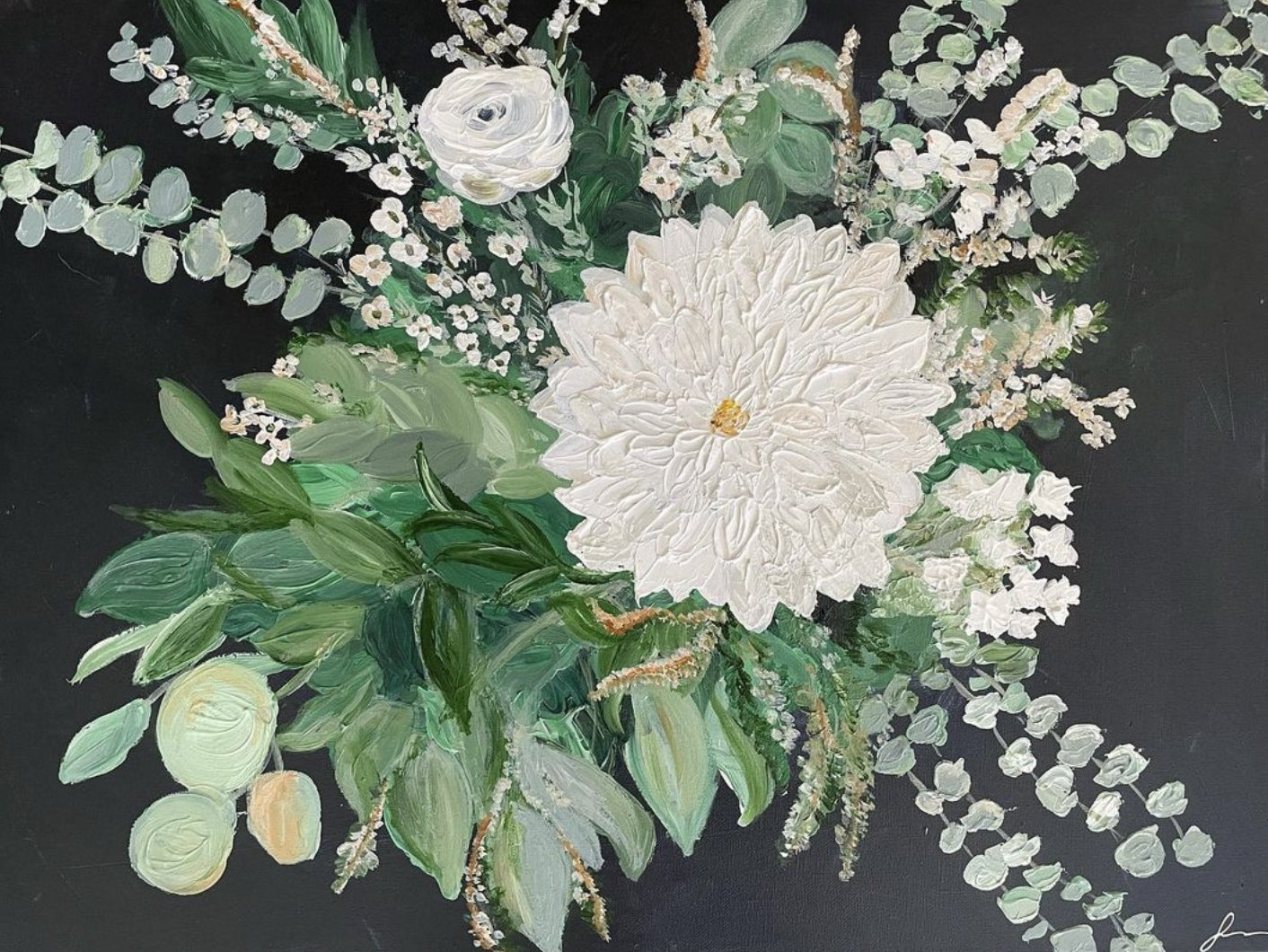 Abstract painting of a wedding bouquet with a large white dahlia, white flowers, and lots of greenery