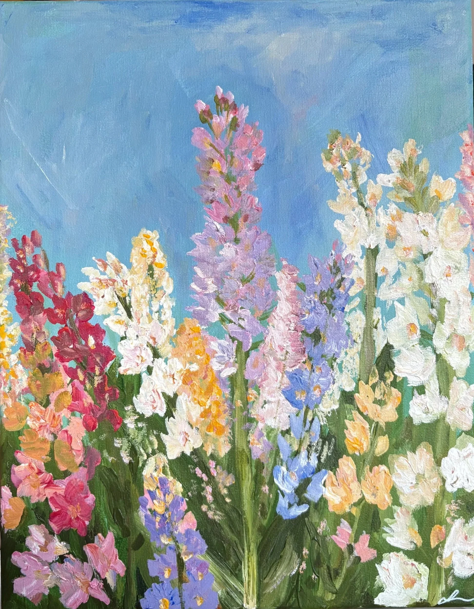 Spring Breeze original abstract acrylic painting of delphiniums on canvas by Maryland artist Sahar Boussard