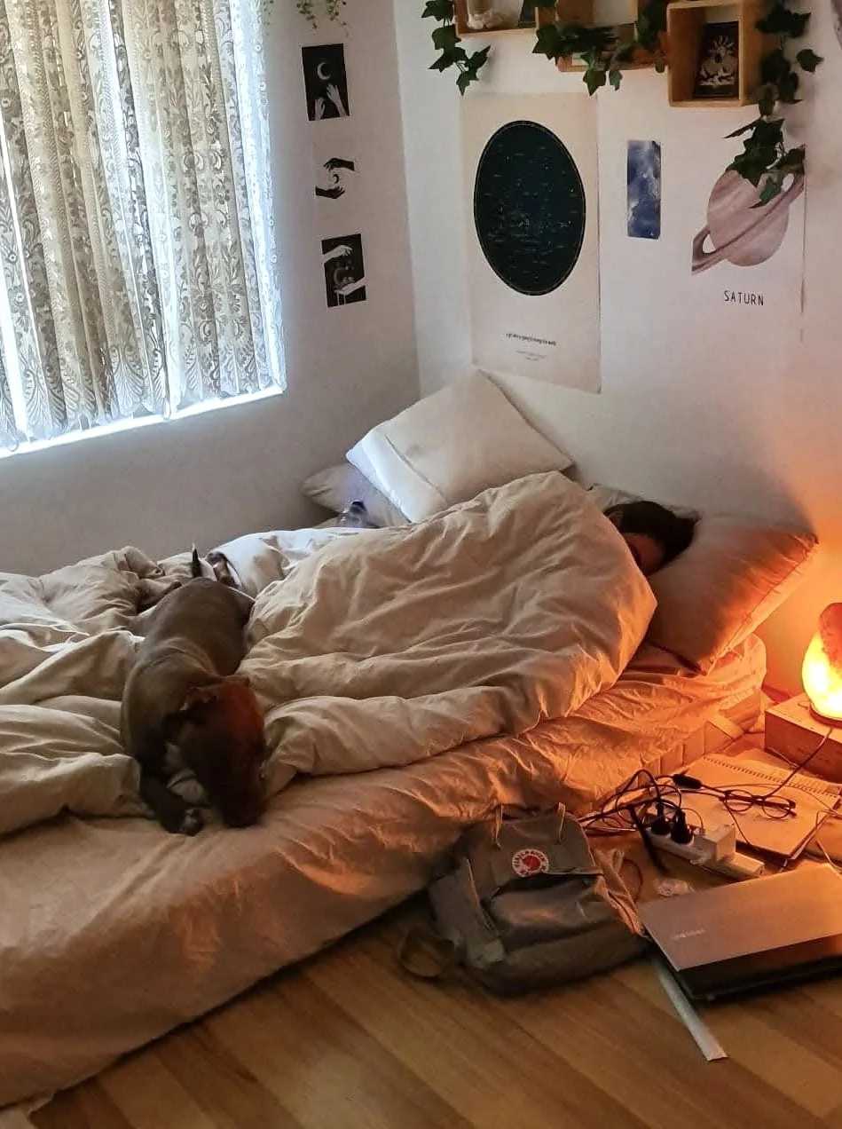 A person sleeping in bed under beige blankets with a dog lying on the blanket, and a cat on the pillow. There is a window with lace curtains on the left and space-themed posters and plants on the wall behind the bed. A glowing Himalayan salt lamp and some electronic devices are on a small bedside table.