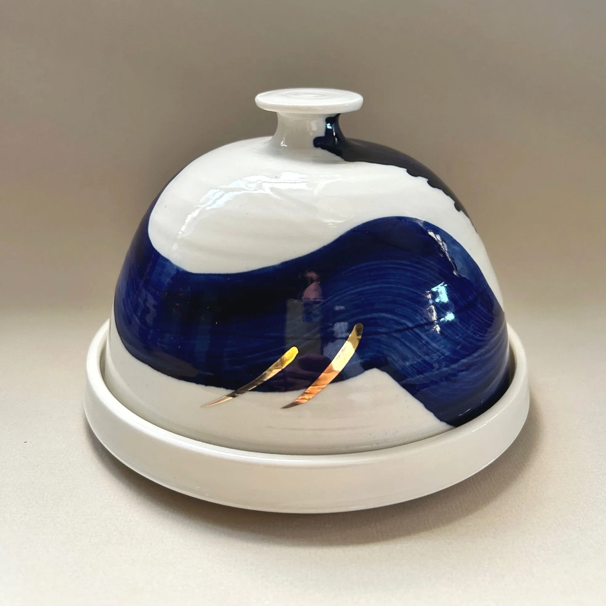 Extra Large Cobalt Blue Porcelain Butter Dome with Gold Lustre
