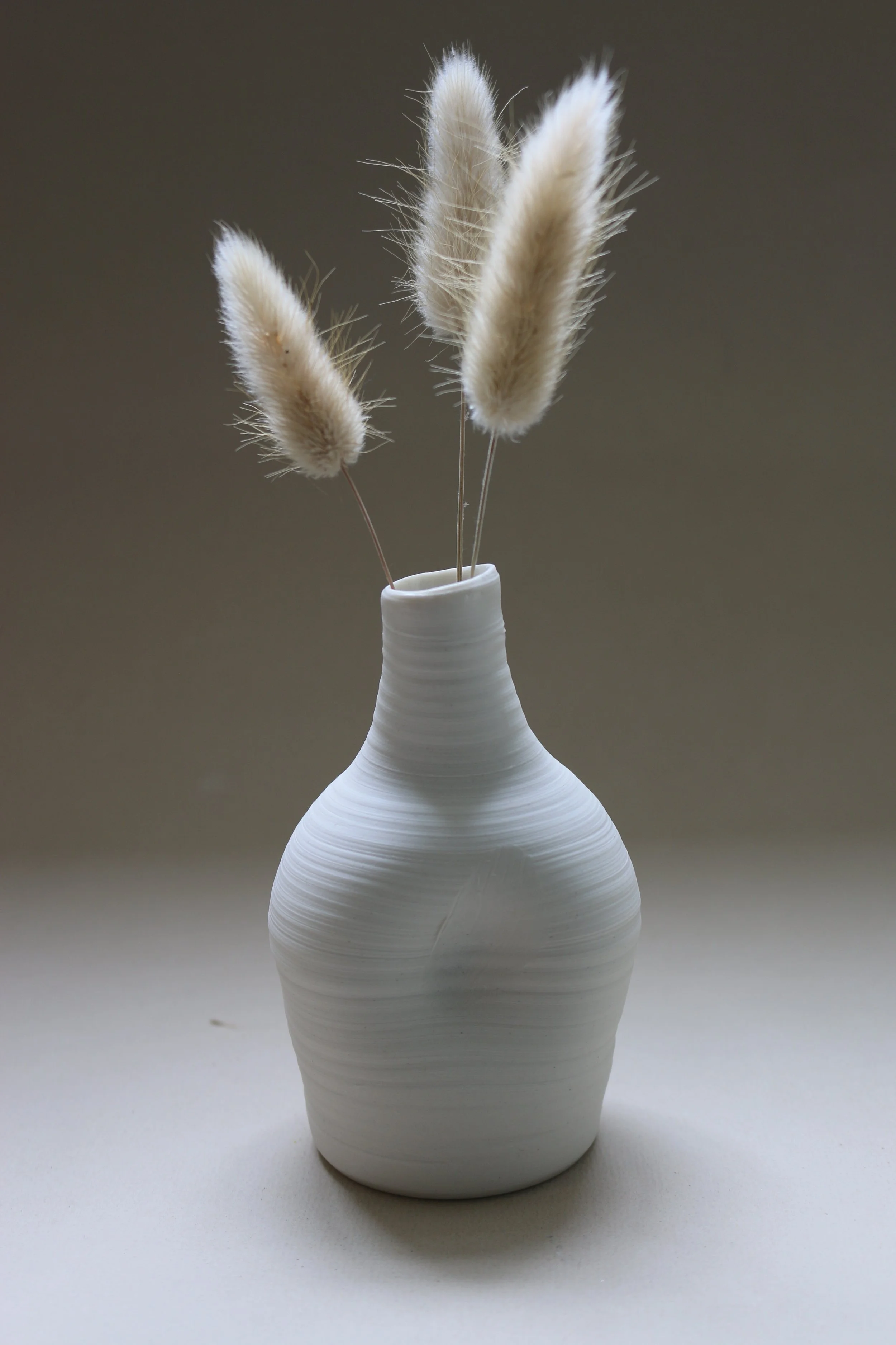 A white ceramic vase with horizontal ridges, holding three dried fluffy grass stems, placed on a plain white surface with a plain dark background.