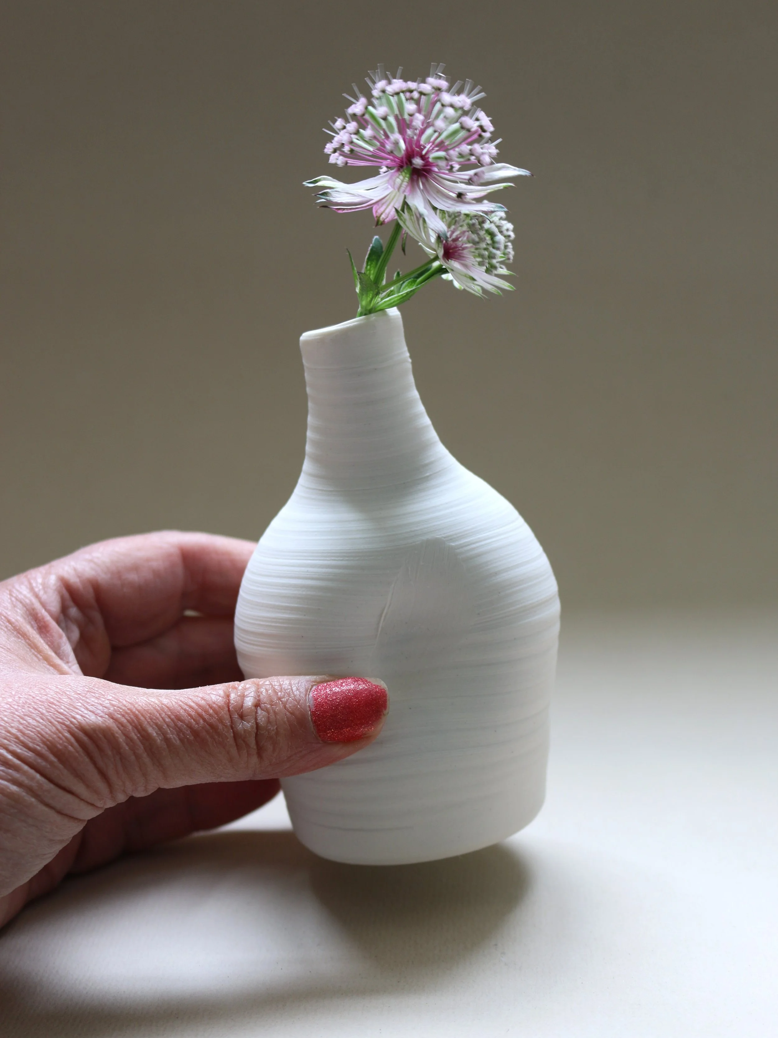 A person's hand with red-painted nails holding a small, white ceramic vase with a narrow neck and rounded body, containing a pink and white flower with thin petals and multiple small blooms.