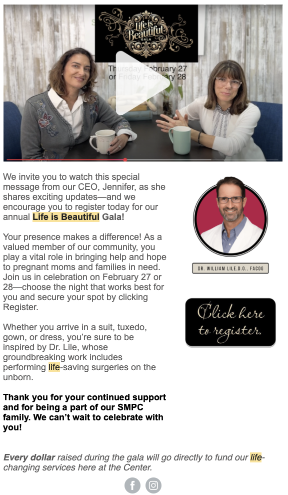 Email with scripted video and personal invite from our CEO / Month out from event