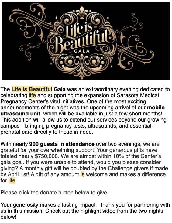 Post event email, giving results and call to donate if missed.