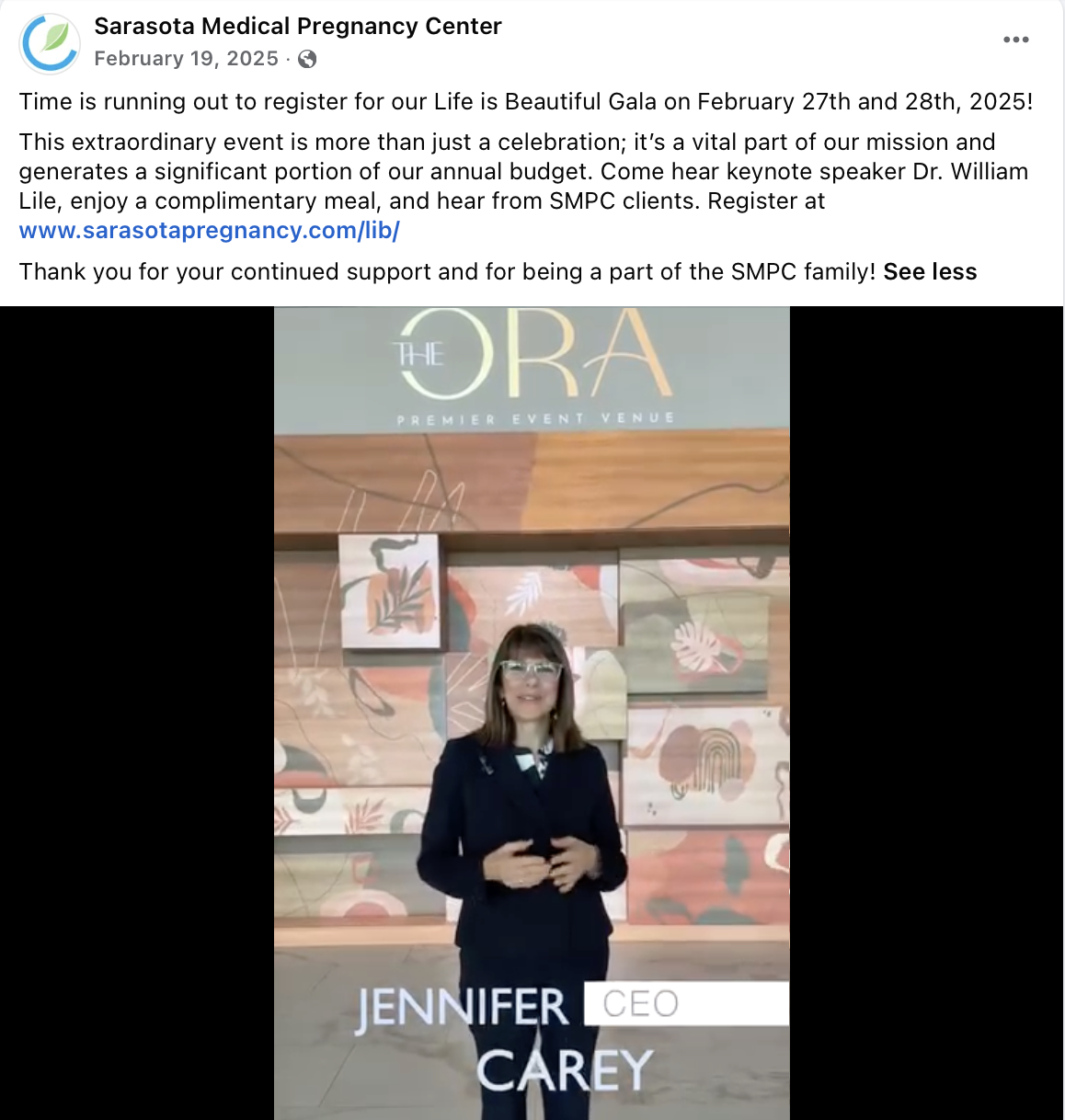 Facebook communication with scripted video to push registration for Gala.