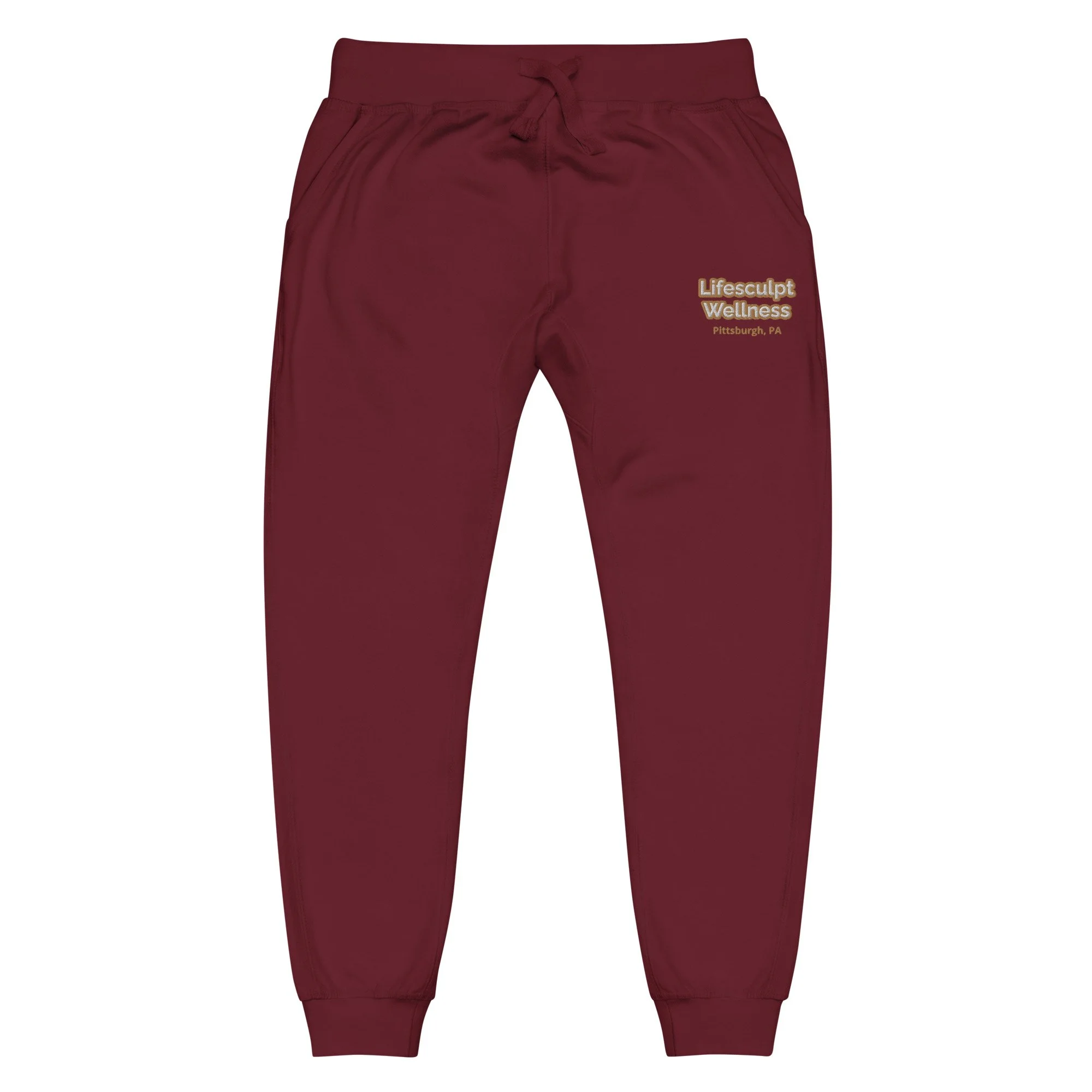 unisex-fleece-sweatpants-maroon-front-67196df374849.jpg