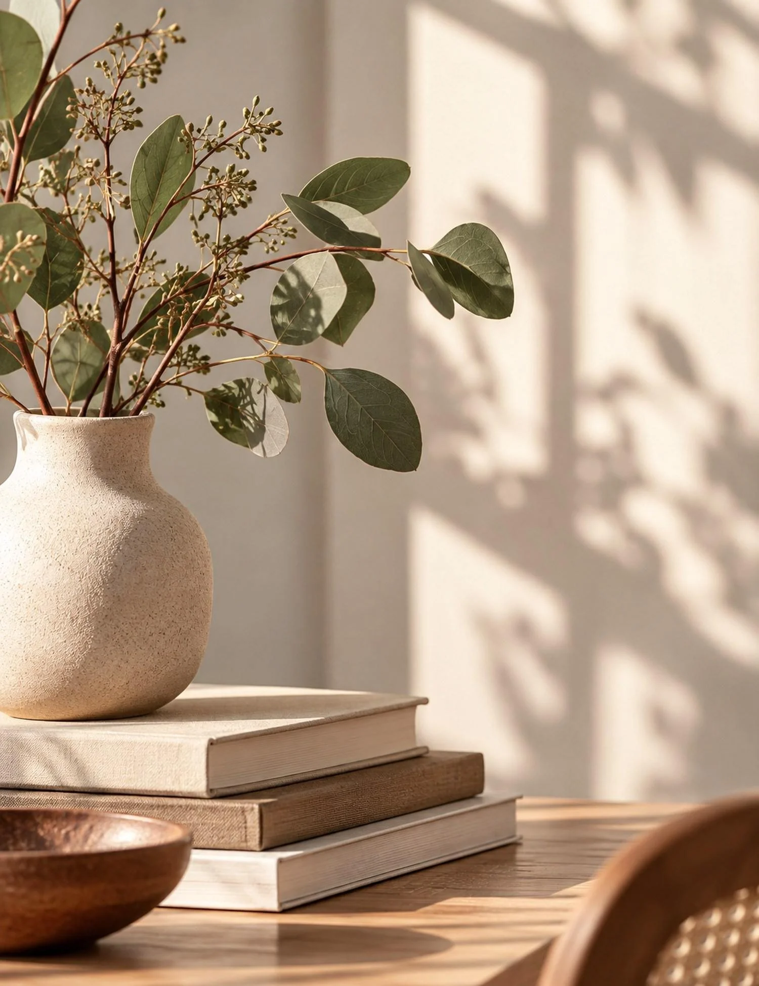Sunlit ceramic vase with green botanical stems on stacked books, with soft leaf shadows on a warm neutral wall.