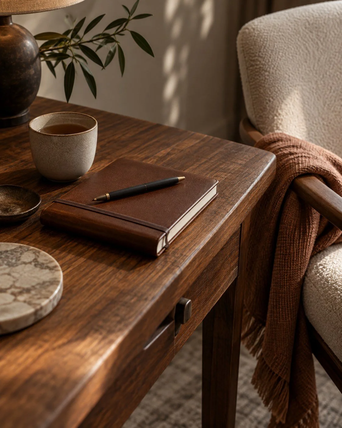 Wooden desk with a leather journal and pen, a ceramic cup, and a cozy chair draped with a rust-colored throw.
