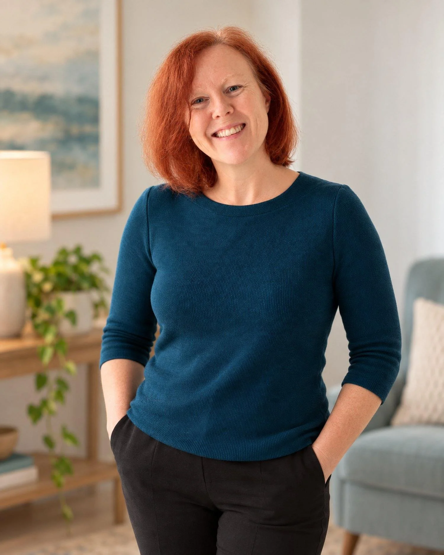 Jen Siladi, LMFT, smiling in a teal top in a warm, softly lit office setting.