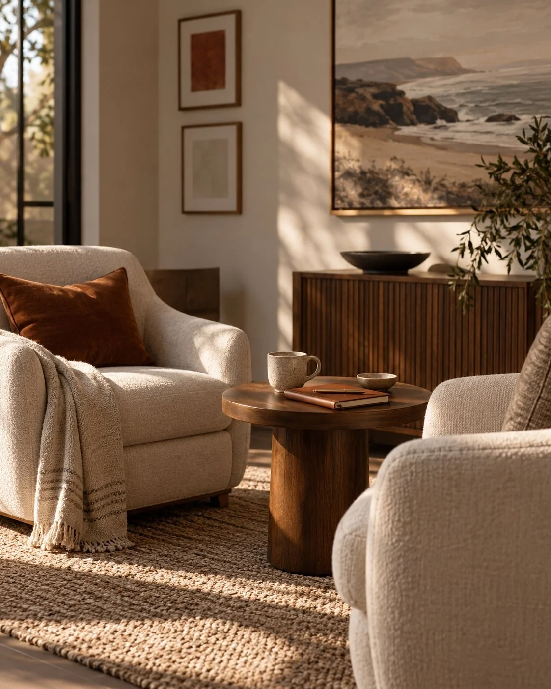 Sunlit seating area with two upholstered chairs, a round wooden table, a mug, books, and warm neutral decor.