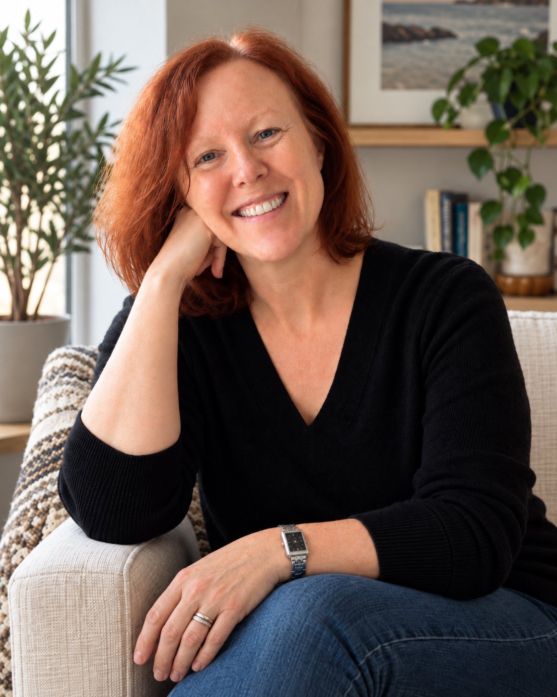 Jen Siladi, LMFT, smiling in a black sweater while seated in a warm, softly lit home office setting.