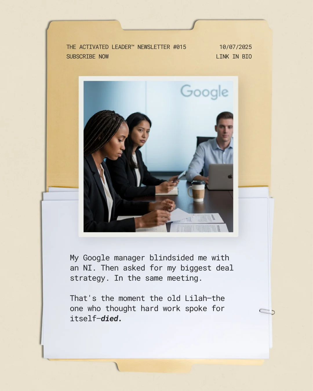 My Google manager blindsided me with an NI. ⁠
⁠
Then asked for my biggest deal strategy. In the same meeting.⁠
⁠
It happened six years ago. But I remember every detail.⁠
⁠
Our biggest prospect is waiting outside. My new manager's &quot;quick sync.&qu
