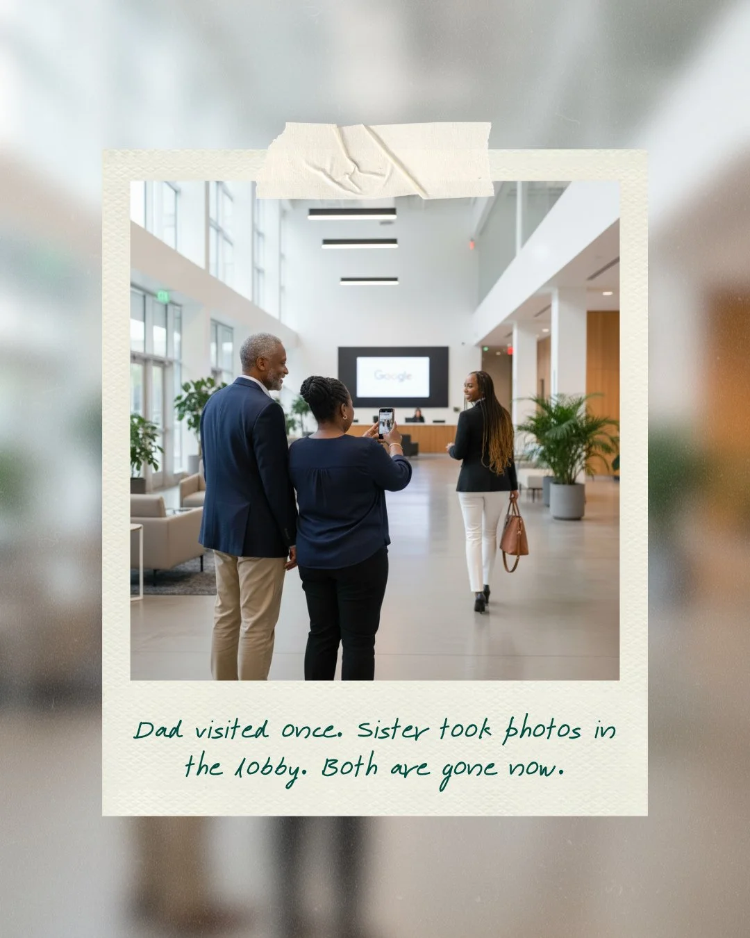 Dad saw me walk into Google's lobby. He saw me belong in those halls.⁠
⁠
He didn't see me walk out.⁠
⁠
My sister took photos during their one visit. ⁠
⁠
Both are gone now. ⁠
⁠
But in that moment, they saw their daughter and sister who went from auto 