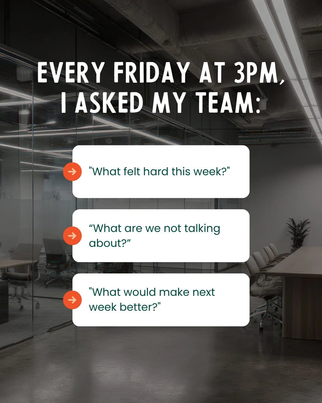 My team's retention went from 67% to 100% with three questions.⁠
⁠
Every Friday at 3pm:⁠
1. &quot;What felt hard this week?&quot;⁠
2. &quot;What are we not talking about?&quot;⁠
3. &quot;What would make next week better?&quot;⁠
⁠
Week 1: Crickets.⁠
W