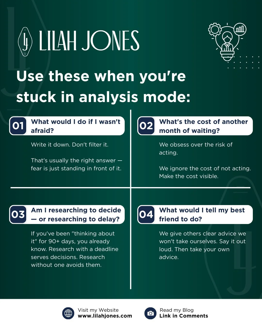 She analyzed for 2 years.⁠
⁠
These 4 questions took 2 minutes.⁠
⁠
Two weeks later? Decision made.⁠
⁠
The 4 questions:⁠
⁠
1. "What would I do if I wasn't afraid?" Write it unfiltered. That's usually the right decision.⁠
⁠
2. "What's the