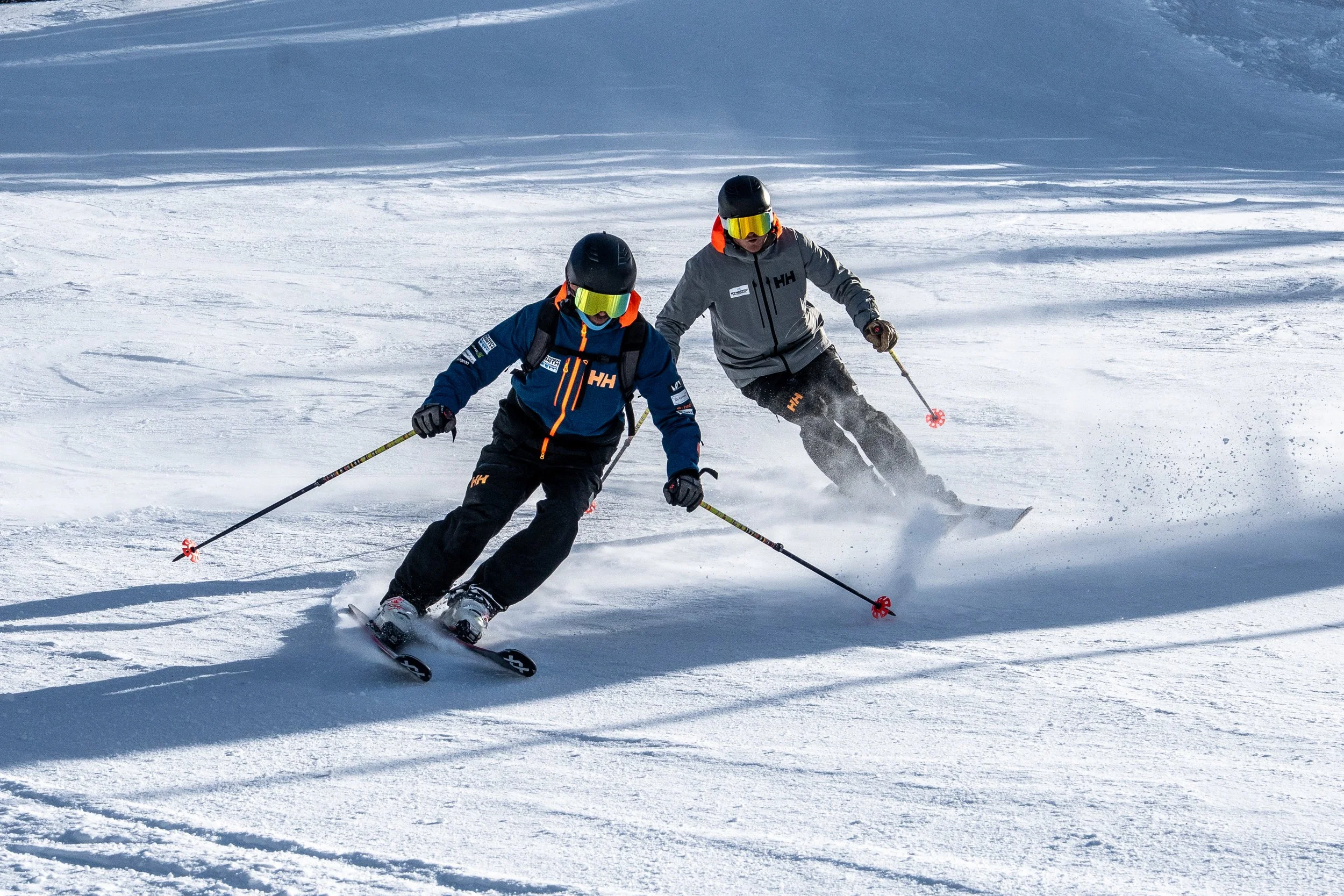 Client skiing moguls having a great time