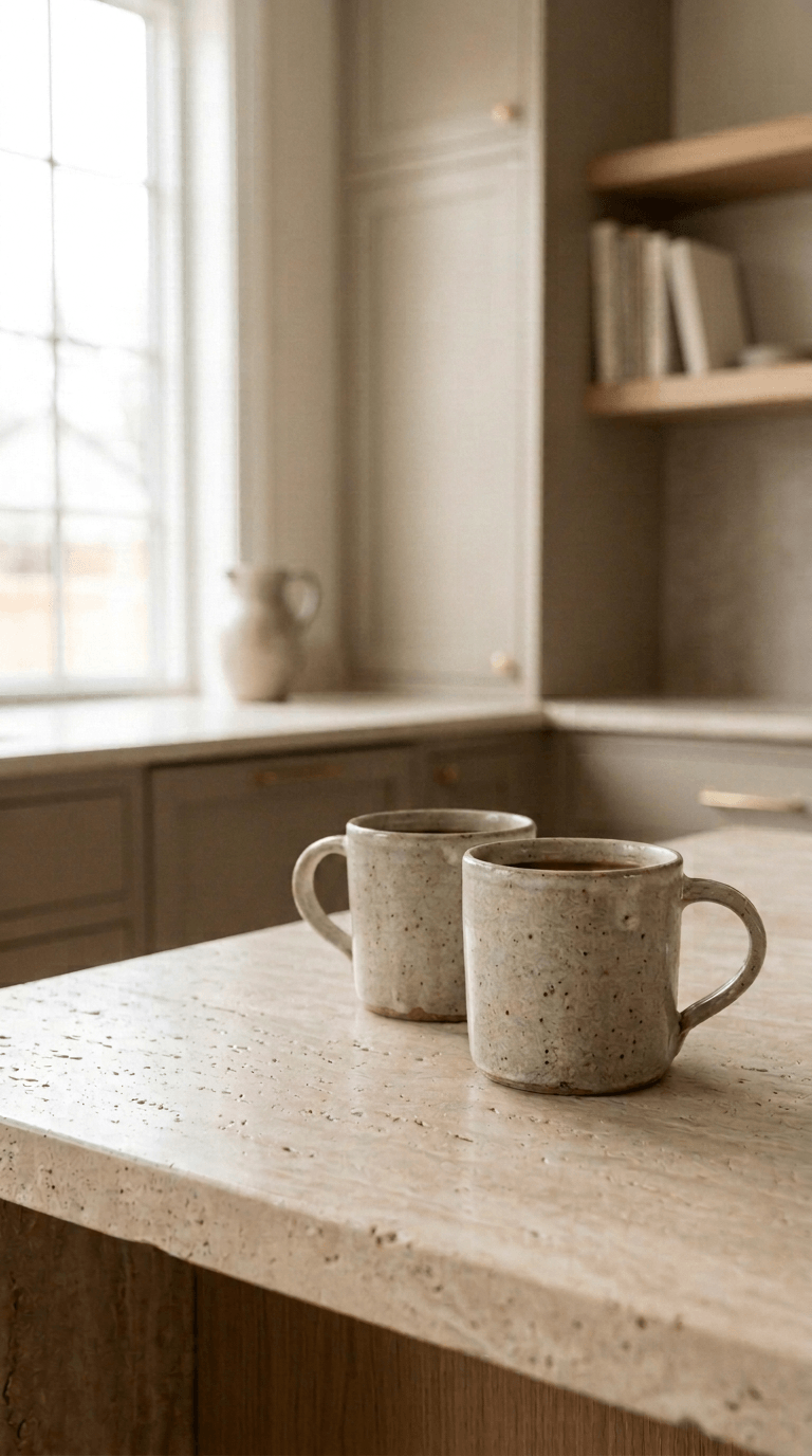 Two handmade ceramic mugs on a light stone kitchen island in a warm contemporary kitchen, reflecting the everyday moments that often lead couples to seek couples therapy intensives in Raleigh, NC.