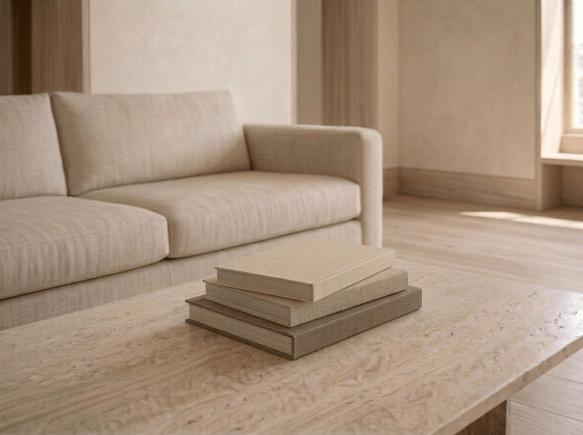 Three linen-bound books resting on a travertine coffee table in a warm contemporary living room, symbolizing the three-part process of couples therapy intensives in Raleigh, NC.