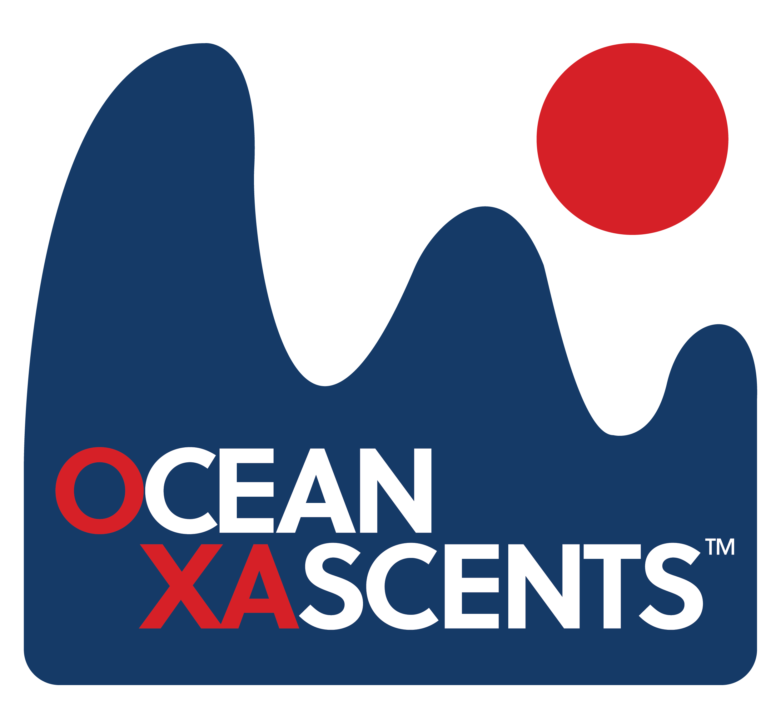 Logo for Ocean X Asents, featuring a stylized ocean wave in dark blue with a red sun above, and the words Ocean X Asents in white and red text.