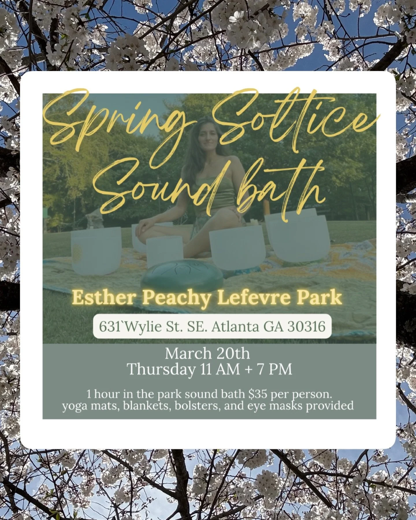 Very excited to bring back the sound baths in the park. I will doing two sound baths on the Spring Equinox. The first at 11 AM where we will set our 11:11 intention. And the other at 7 PM setting our intentions with the setting sun.
I look forward to